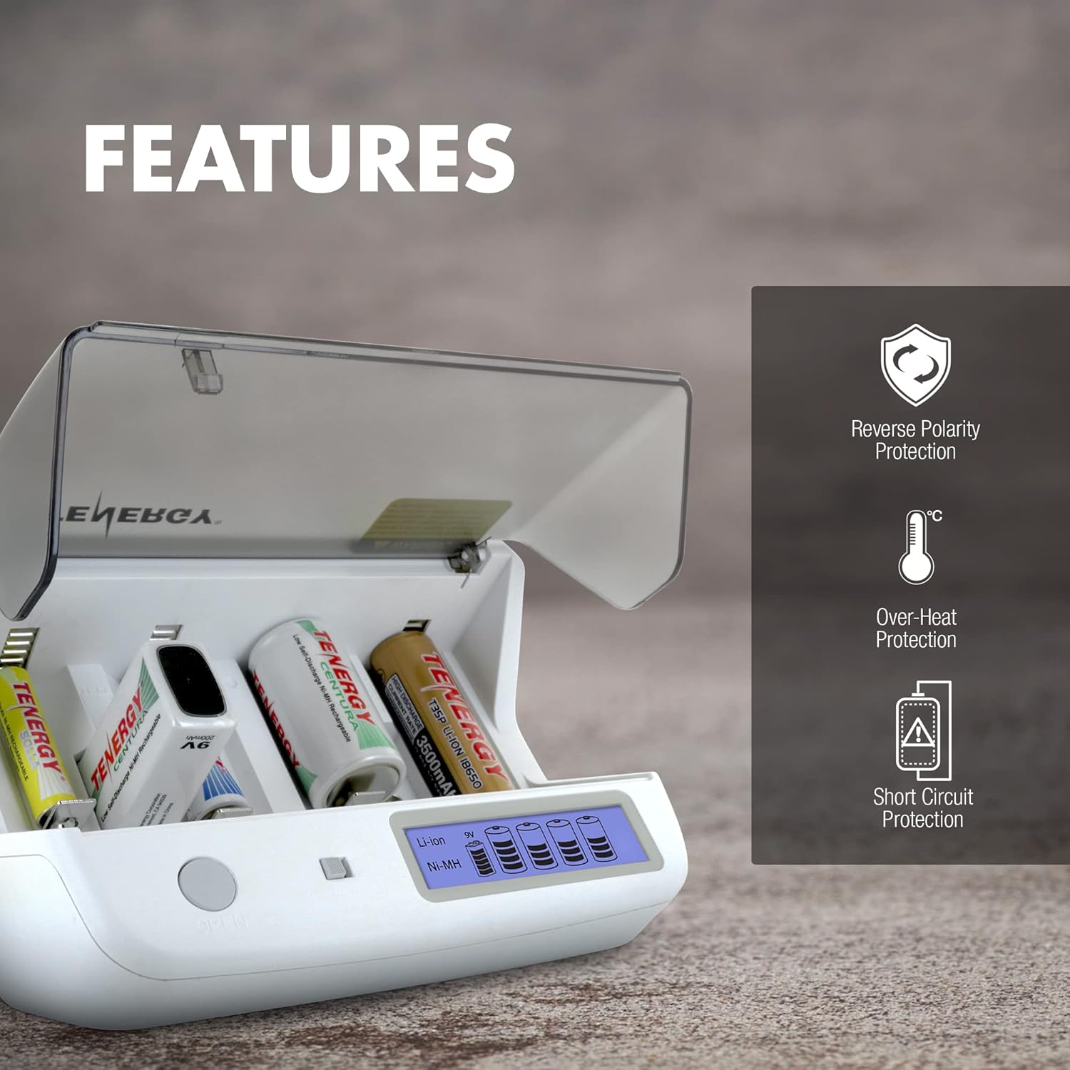 Tenergy TN299 Universal Battery Charger, Hybrid NiCd, Li-ion, LiFePO4 NiMH Smart Battery Charger for Rechargeable AA, AAA, C, D, 9V, 18650, 14500, 10440 Batteries with 4 Independent Charging Slots : Electronics
