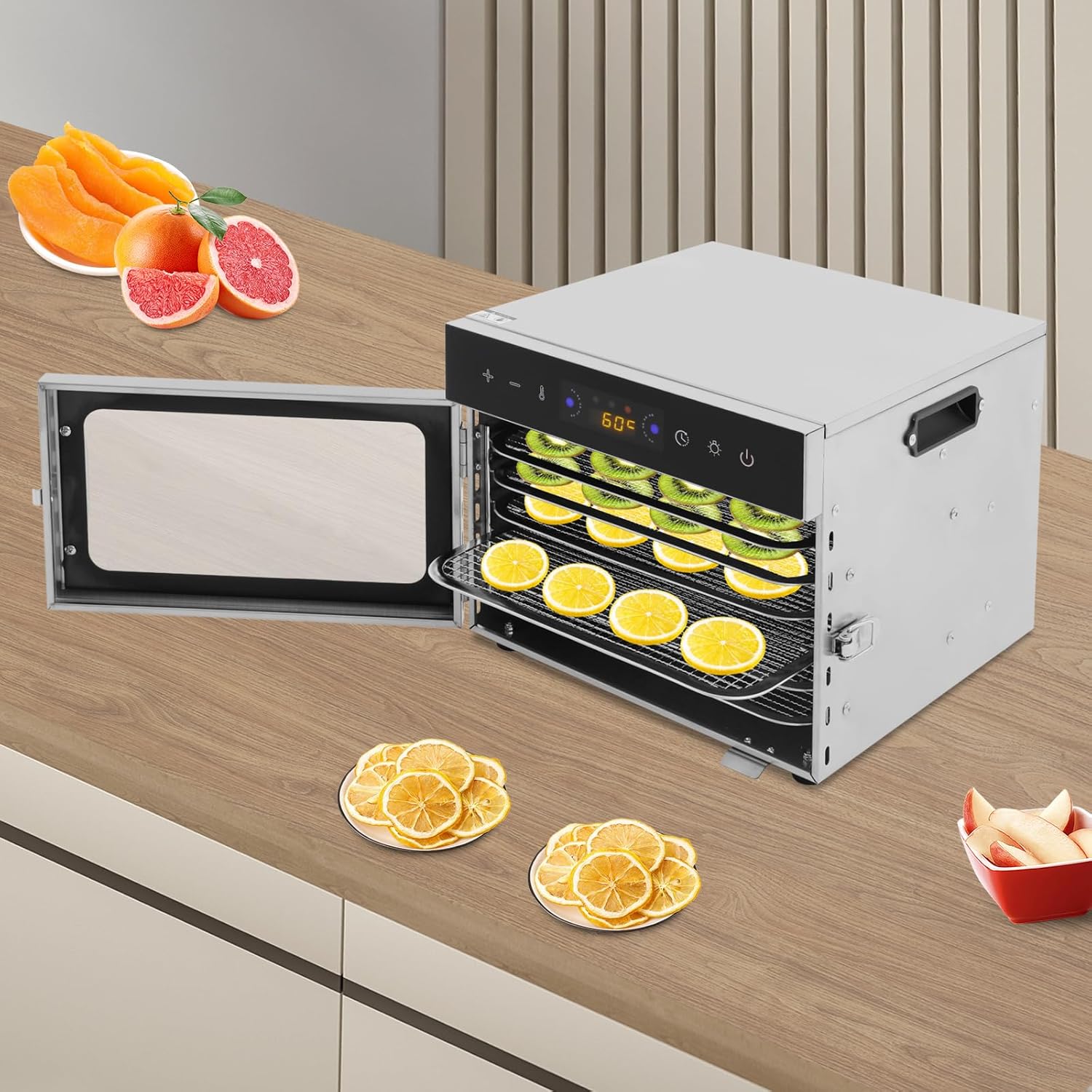 Food Dehydrator 400W Stainless Steel 6 Trays Food Dehydrator Machine, Food Dryer with 24H Timer Adjustable Temperature for Jerky Herb Meat Fruit