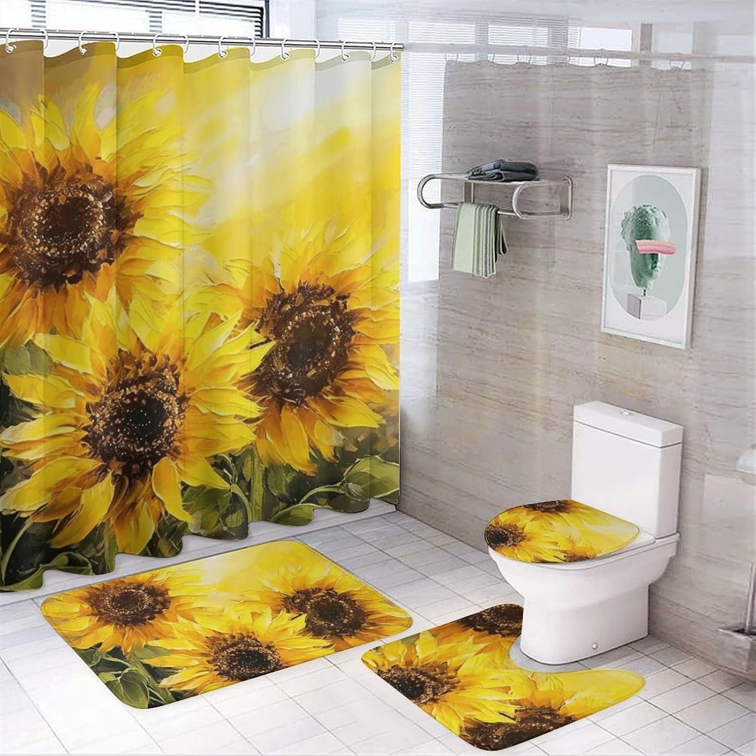 Yellow Sunflowers Shower Curtain Set 4 Piece, Non-Slip Bath Mat with Toilet Lid Cover and Waterproof Shower Curtain with 12 Hooks, Complete Bathroom Set for Home Decor