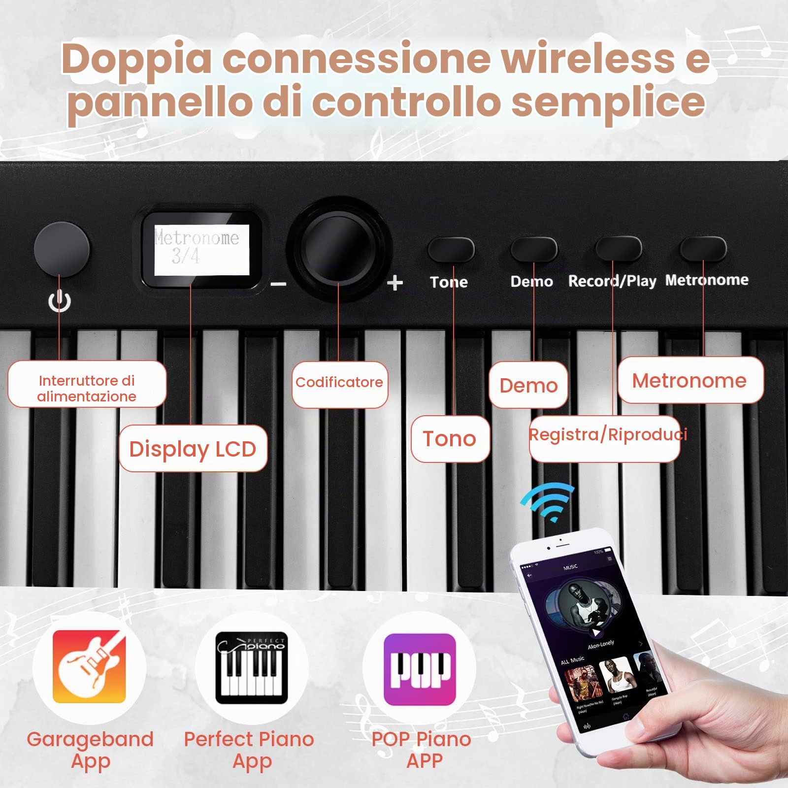 RELAX4LIFE Pianoforte Digitale 88 Tasti Semi-Pesati Pieghevole e Portabile con Custodia, Leggio, Sustain Pedali, Modalità di Insegnamento,MP3/USB/MIDI/Bluetooth, Nero