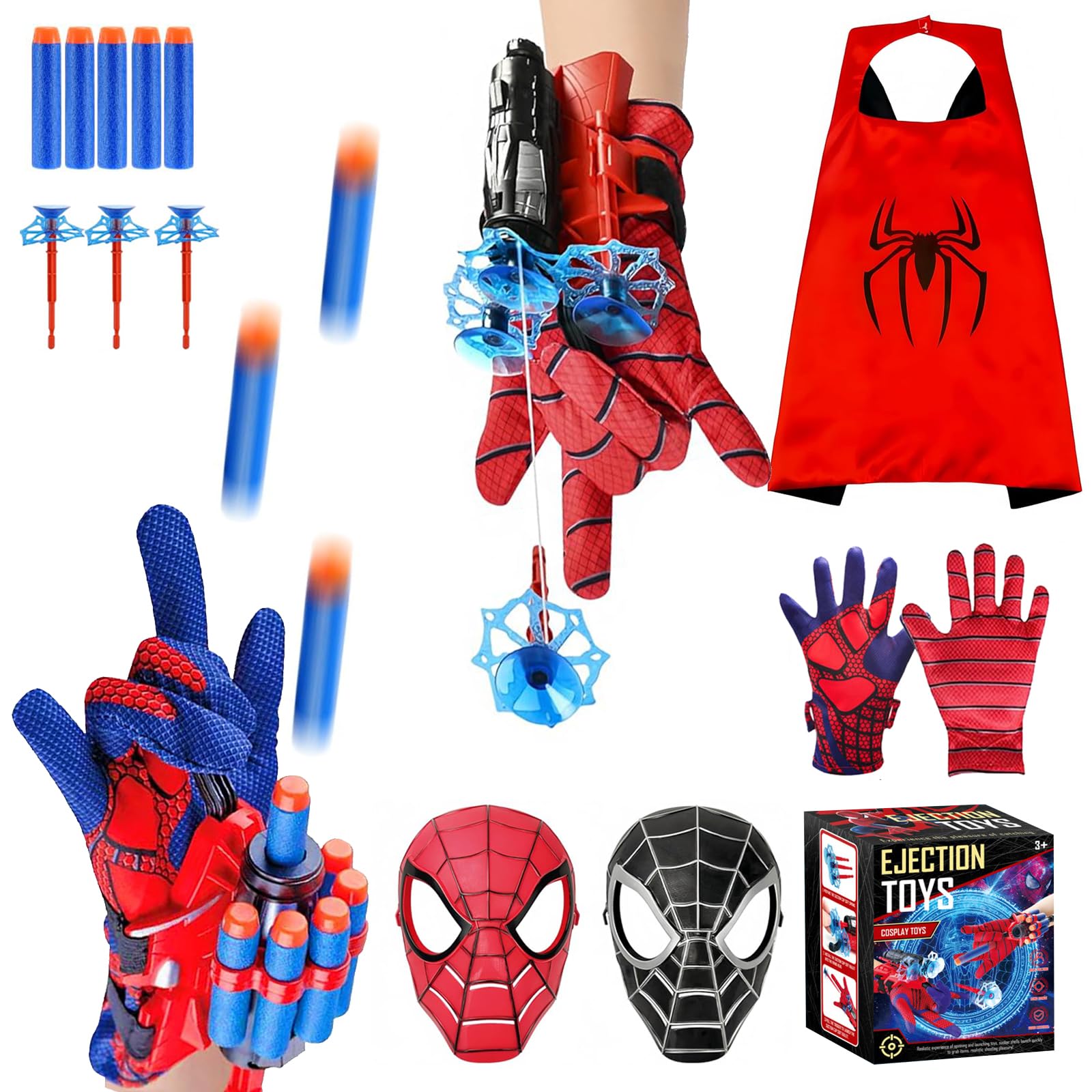 KoeaySpider Web Shooters, Superhero Fans Webs Shooter for Kids,Includes 2 Shooters, 2 Gloves, 2 Masks and 1 Spider Cape, Christmas Halloween Birthday Party - Fun Web Slinger Toys for Kids Ages 3+