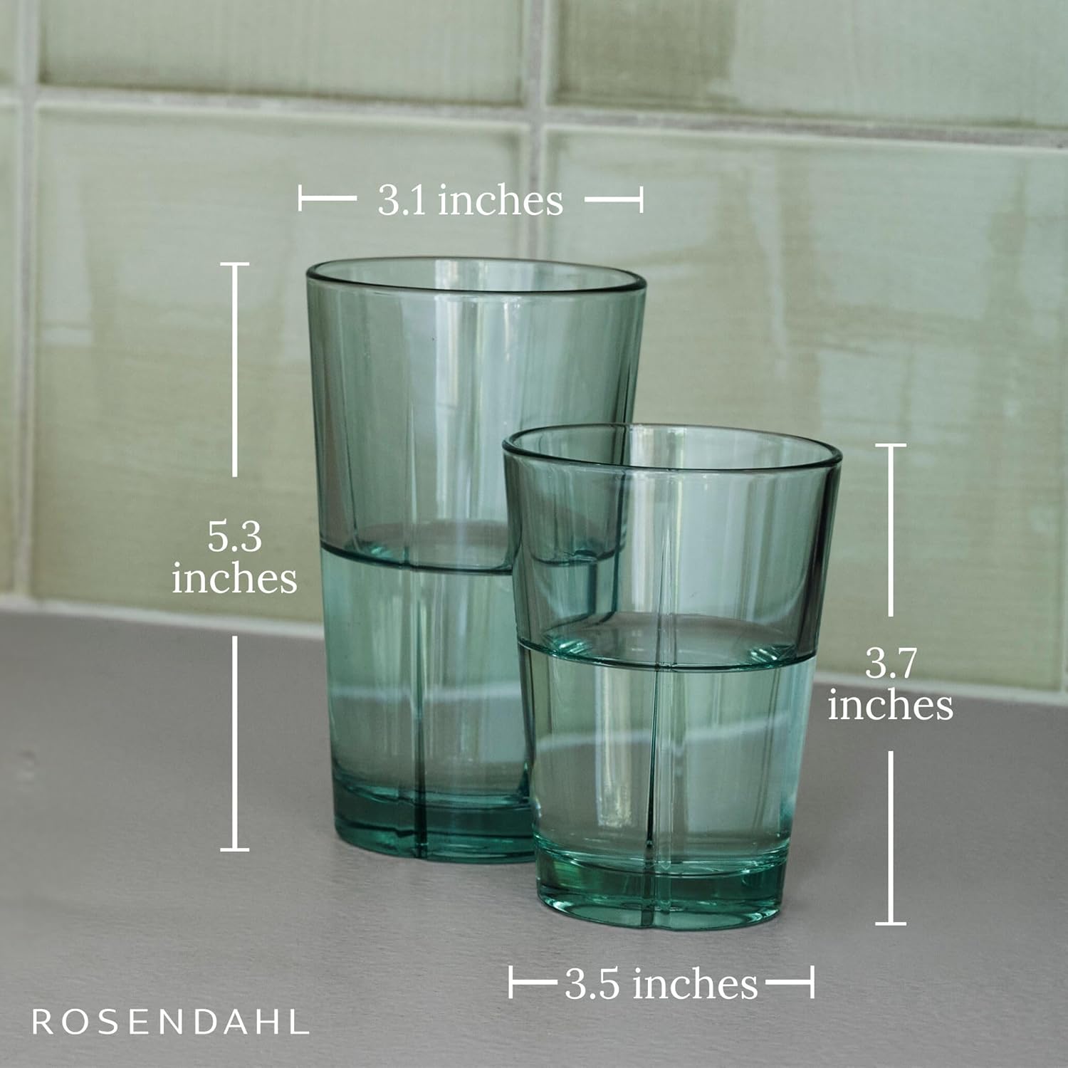 Rosendahl Grand Cru Recycled Glass Tumbler Set (Set of 6) - 4 x 8.8 Oz, 2 x 12.2 Oz - Lead-Free, Dishwasher Safe, Elegant Clear Glass Drinkware for Water, Juice, Coffee, Wine - Modern, Durable (Green)