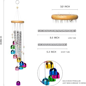 Colorful Wind Chimes for Outside with 4 Aluminum Tubes with 11 Bells for Home Garden Yard Patio Decor