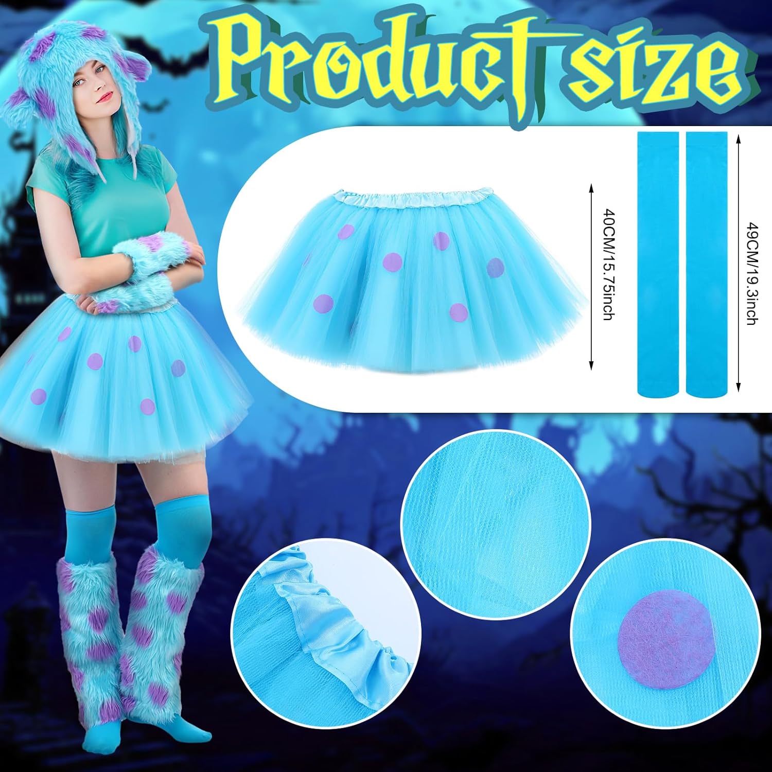 5 Pcs Halloween Blue Furry Monster Costume Accessories Set Purple Polka Dot Tutu Skirt Fur Leg Warmers Furry Gloves Monster Hats and Thigh-high Socks for Halloween Movie Character Cosplay Party