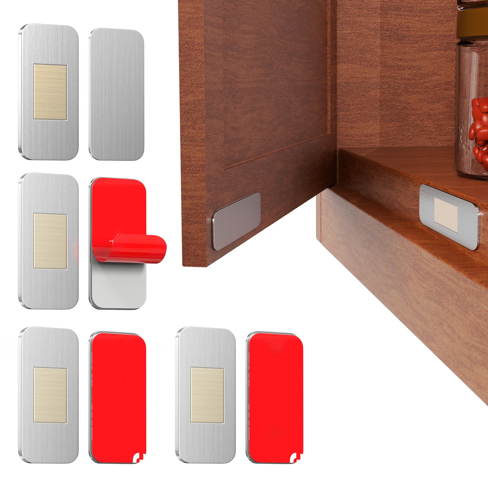 PHIXBEAR Aimant Porte Placard Ultra Mince Sans Perçage - Lot de 4 Loqueteau Magnétique Adhésif Puissant en Acier Inoxydable pour Cuisine, Armoire, Tiroir, Camping-Car - 40x20mm