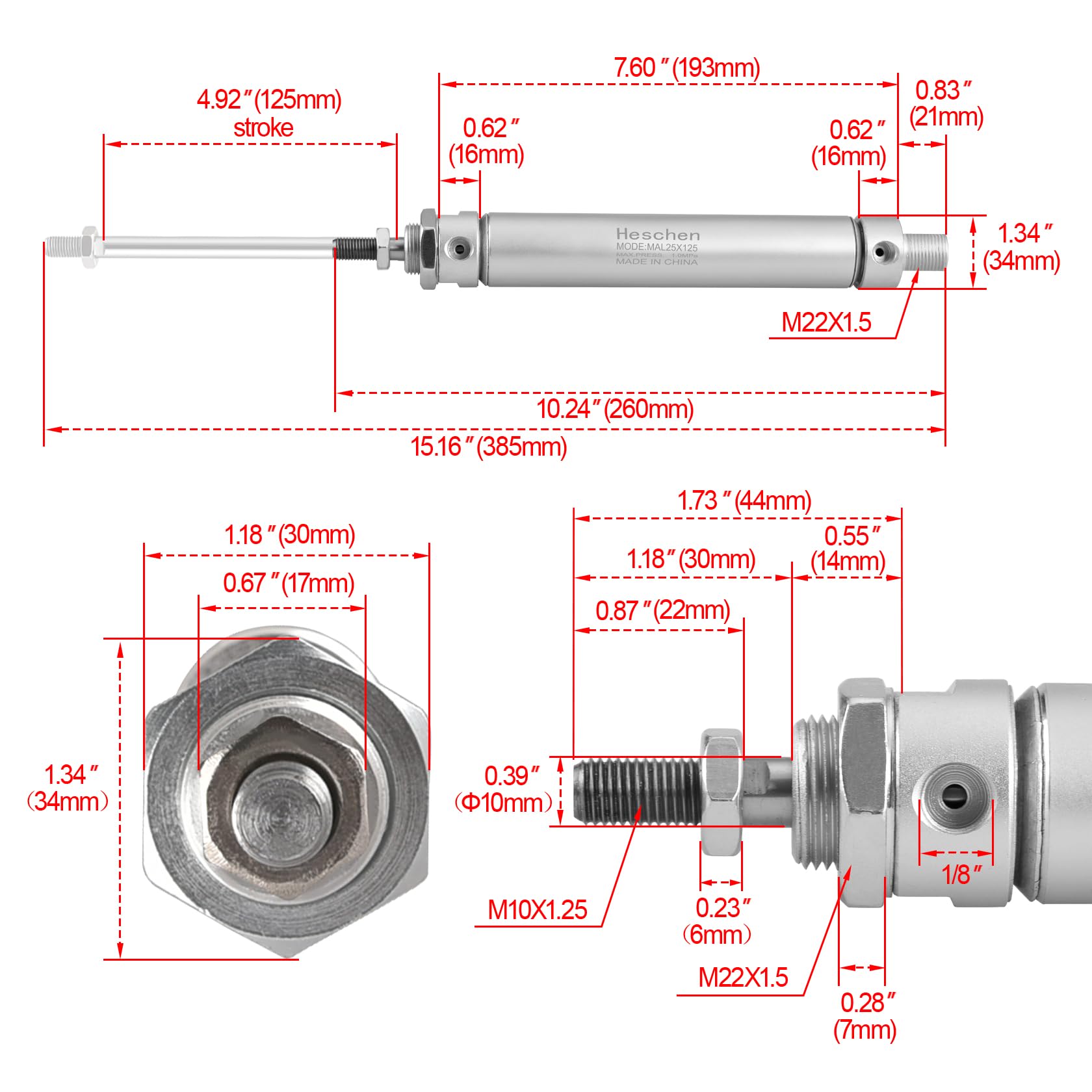 Heschen pneumatyczny wąski cylinder powietrza MAL 25-125 Port PT1/8 25 mm otwór 125 mm skokowy podwójne działanie