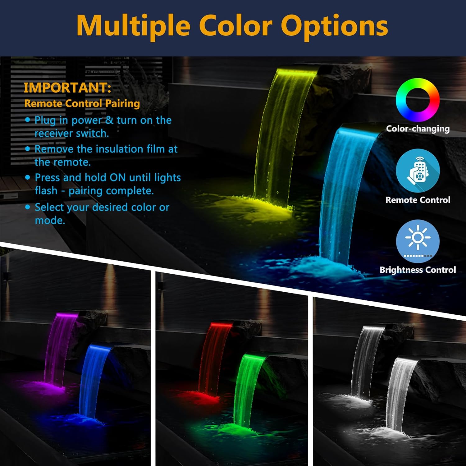 AquaMiracle Pond Waterfall Kit with LED Lights, All-in-1 Stainless Steel Spillway with 660GPH Water Pump, Outdoor Waterfall Fountain for Garden, Backyard & Pool Decor (12inch)