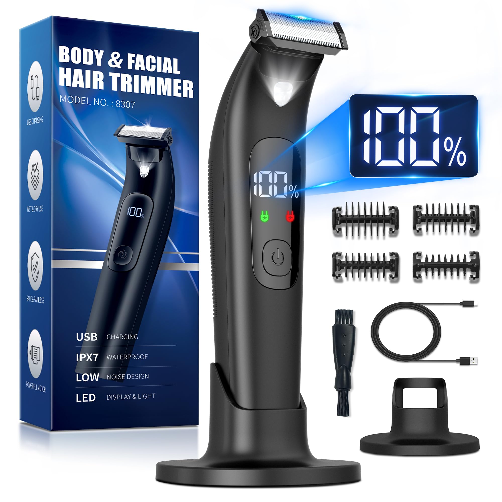Intimrasierer Mann, Rasierer Herren Elektrisch mit LED für Nass- & Trockenrasur Bartschneider Herren Inkl. 4 Aufsätzen, Storage Dock & USB-C Kabel, Trimmer Herren für Gesicht und Körper