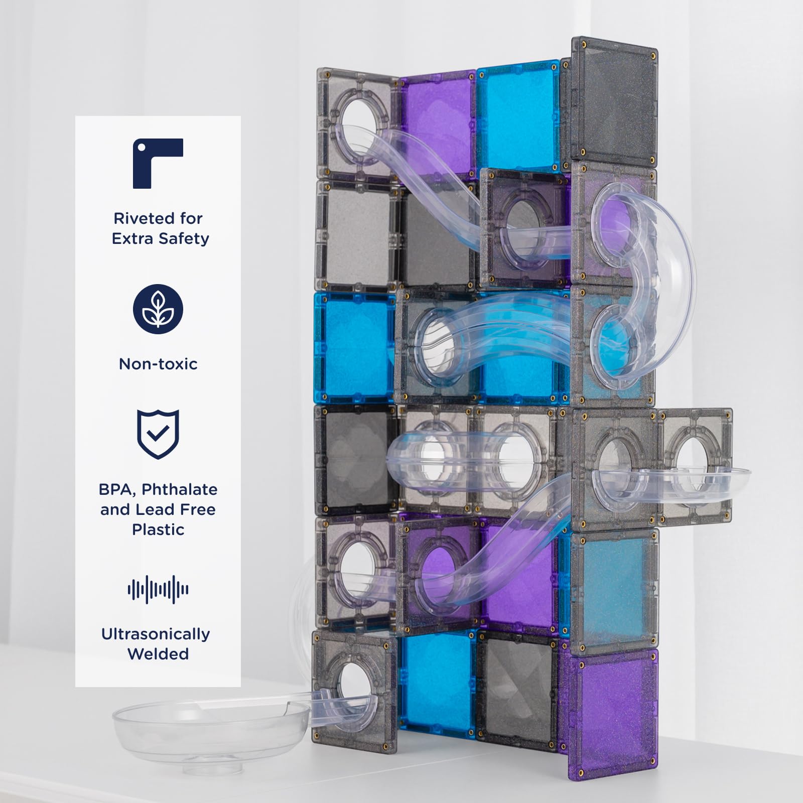 CONNETIX Płytki Magnetyczne Ball Run Galaxy, 61 Sztuk | Twórz błyszczące, kosmiczne tory kulkowe ze świecącymi kulkami, brokatowymi kafelkami i przezroczystymi rurkami. Od 3 lat.