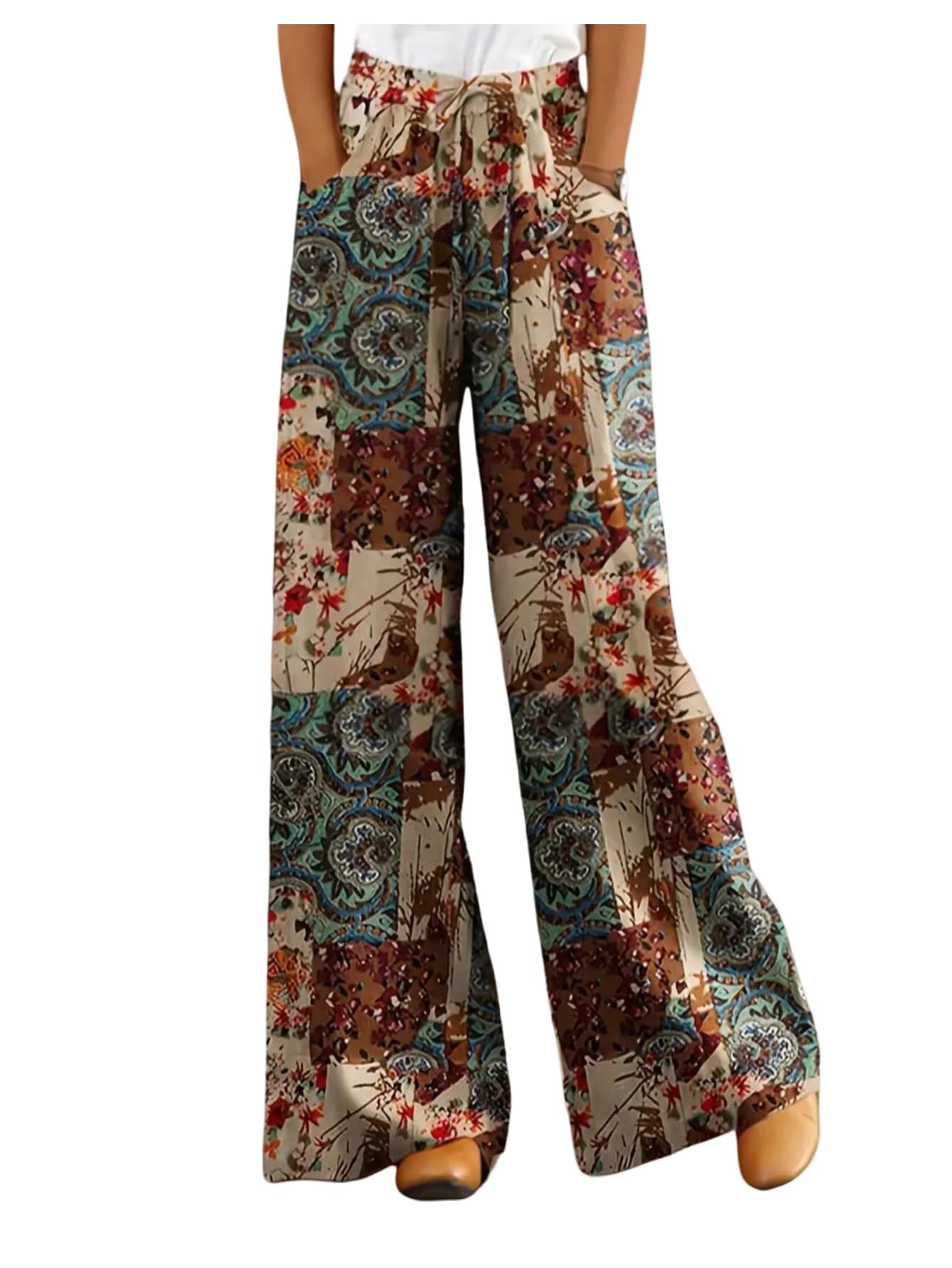 Womens Floral Patchwork Wide Leg Pants Elastic Waist Beach Vacation Long Trousers