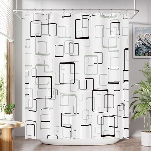AmazerBath - Juego de cortina para ducha 12 con ganchos, cortina de tela blanca con diseño a cuadros color gris, cortina para baño rústica, 72x72