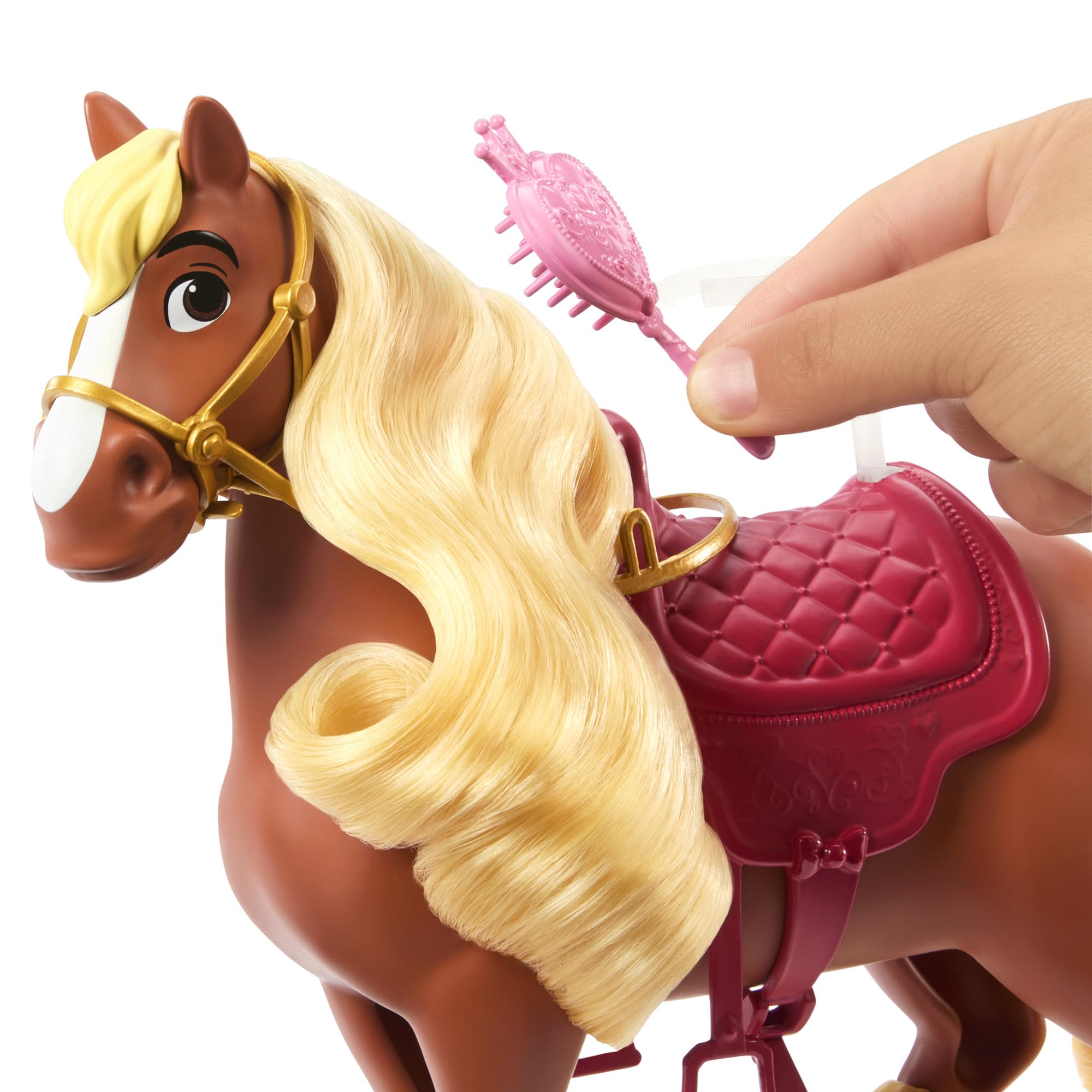 Mattel Disney Princess Toys, Belle Modepuppe & Philippe Pferd mit Sattel, bürstbare Mähne & Schwanz & 4 Styling-Accessoires, inspiriert vom Film