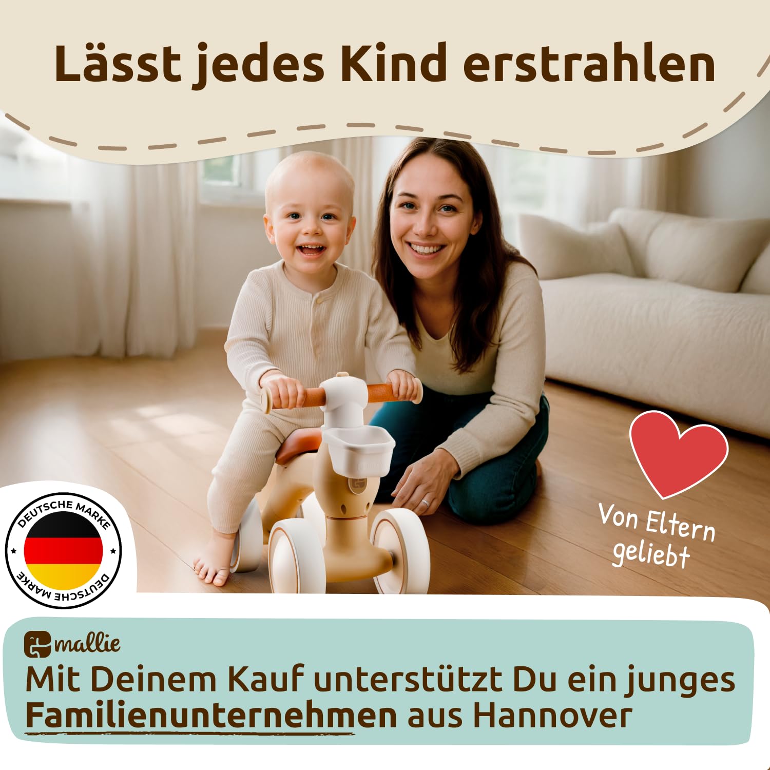 Mallie® Laufrad ab 1 Jahr I Ab 12 bis 24 Monate inkl. Gratis Korb als Laufräder, Rutschauto, Schaukelpferd oder Dreirad ab 1 Jahr Ersatz I Balance Bike Kinderspielzeug als Geschenk 1 Jahr