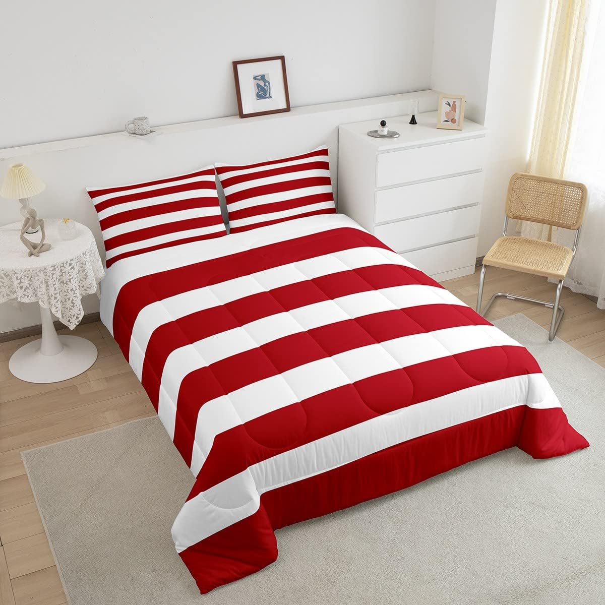 Erosebridal Red White Striped Comforter for Kids Boys Girls,Christmas Red Bedding Set Twin Size,Geometric Strips Quilt for Adult,Modern Abstract Artwork Duvet Insert with 1 Pillow Sham Lightweight