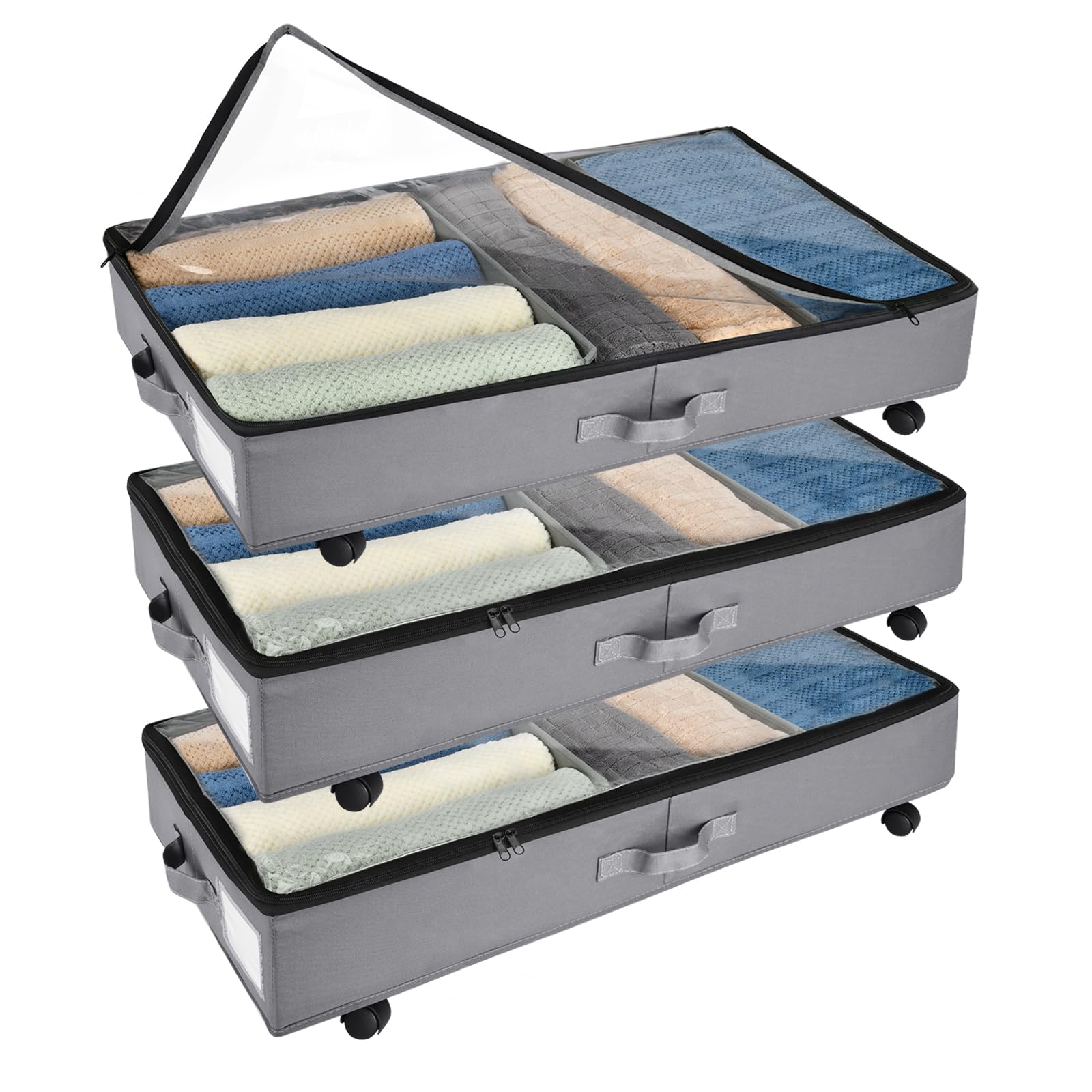 3 Stück Unterbett Aufbewahrung, Unterbettkommode mit Rollen 360° Drehung and Metallrahmen, Faltbare Großes Fassungsvermögen Vliesstoffe Aufbewahrungstasche für Kleidung, Schuhe und Decken