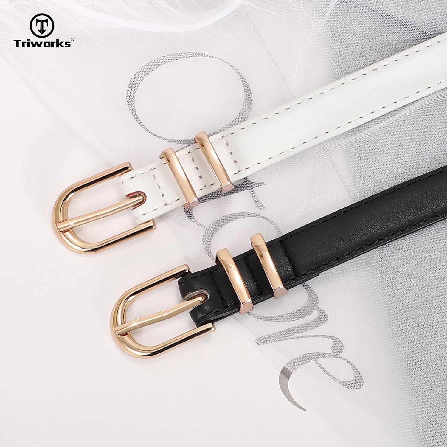 TRIWORKS 2 Pack Women Skinny Leather Belts for Jeans Pants Thin Faux Leather Belt with Gold Buckle - Image 2