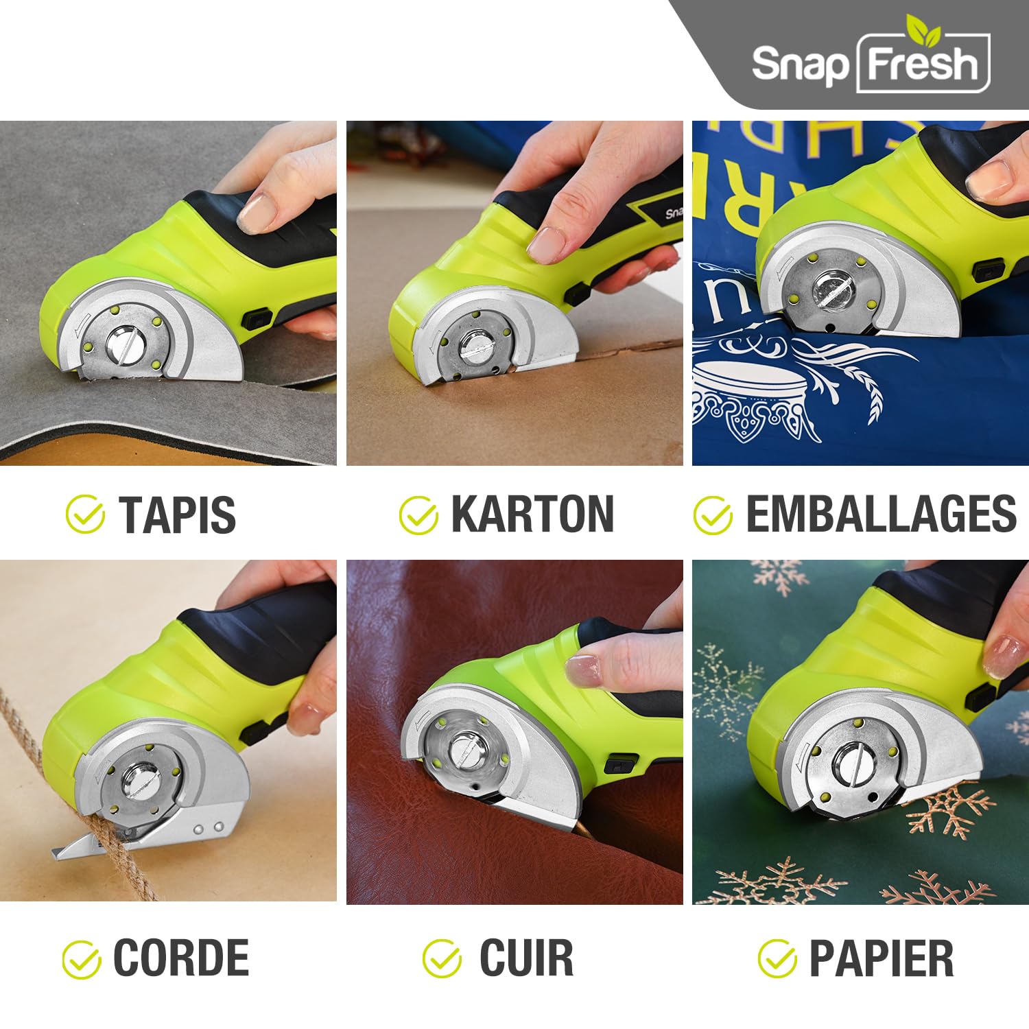 SnapFresh Ciseaux Electrique Cutter Rotatif ÉLectrique 4V Universels avec 2 Lames Sans Fil pour DIY/Papier/Carton/Cuir/Tapis/Plante en Pot/Plastique/PVC