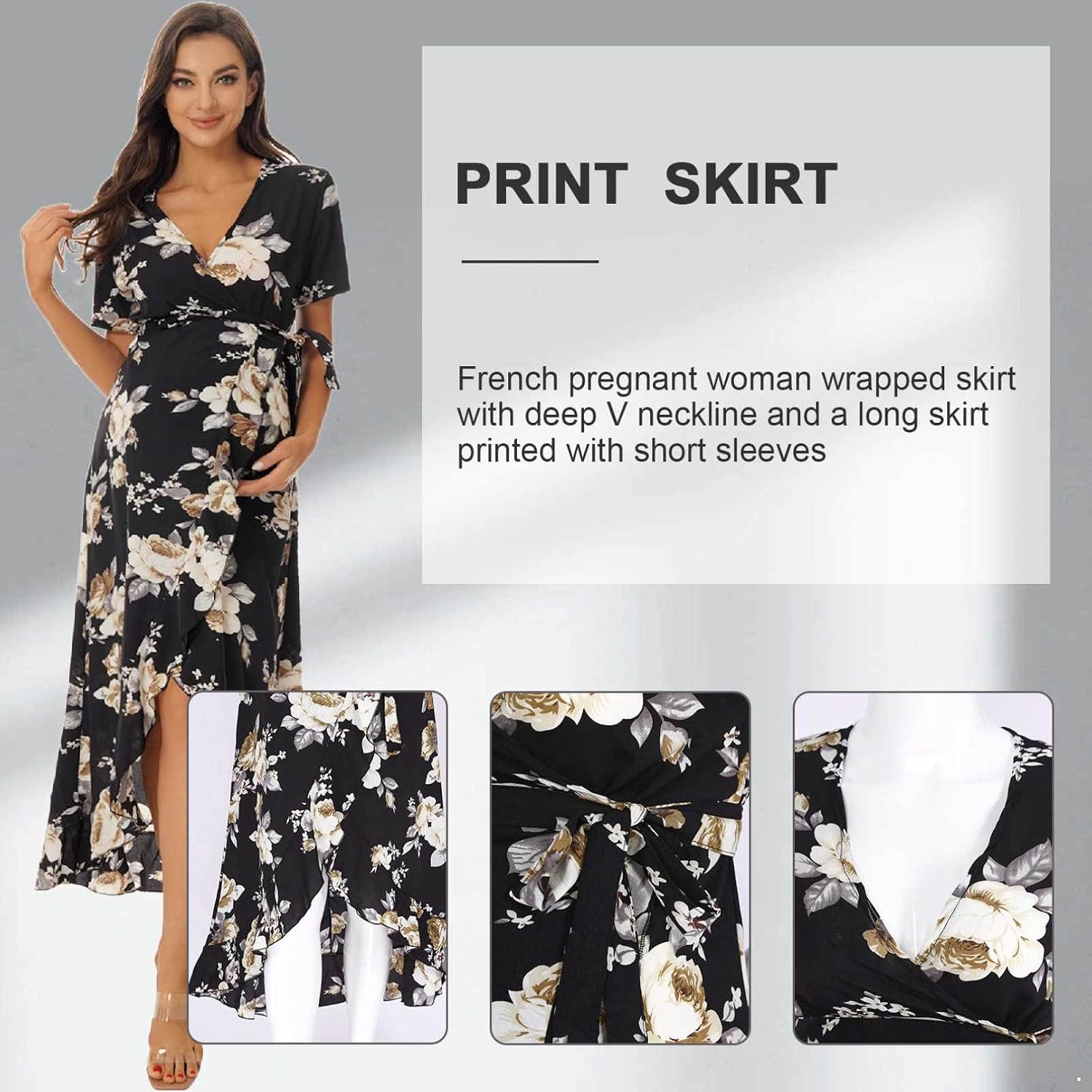 iiniim Women's Maternity Dress Summer V Neck Short Sleeve Floral Ruffle Hem Dresses for Photo Props Casual Wear