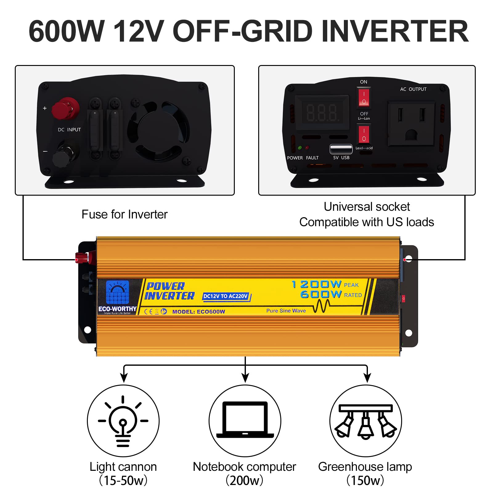 ECO-WORTHY Invertitore a energia solare da 600 W, 12 V, DC 12 V, AC 220 V, onda sinusoidale per auto, camper, caravan, campeggio e sistemi solare
