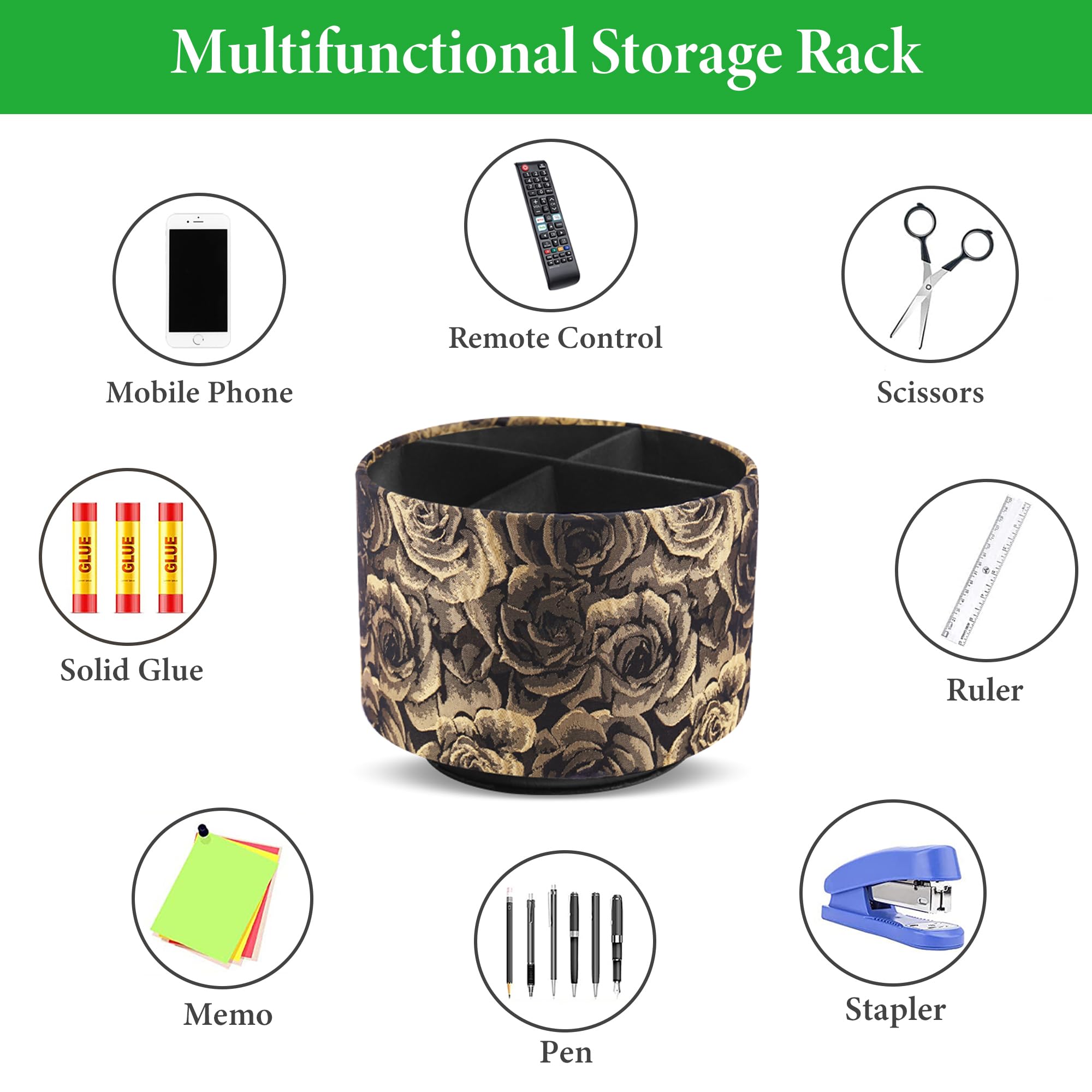 Organizador redondo de cuero para suministros de arte, soporte para control remoto, rotación de 360 grados, soporte multifuncional para lápices, organizador de escritorio de 4 compartimentos