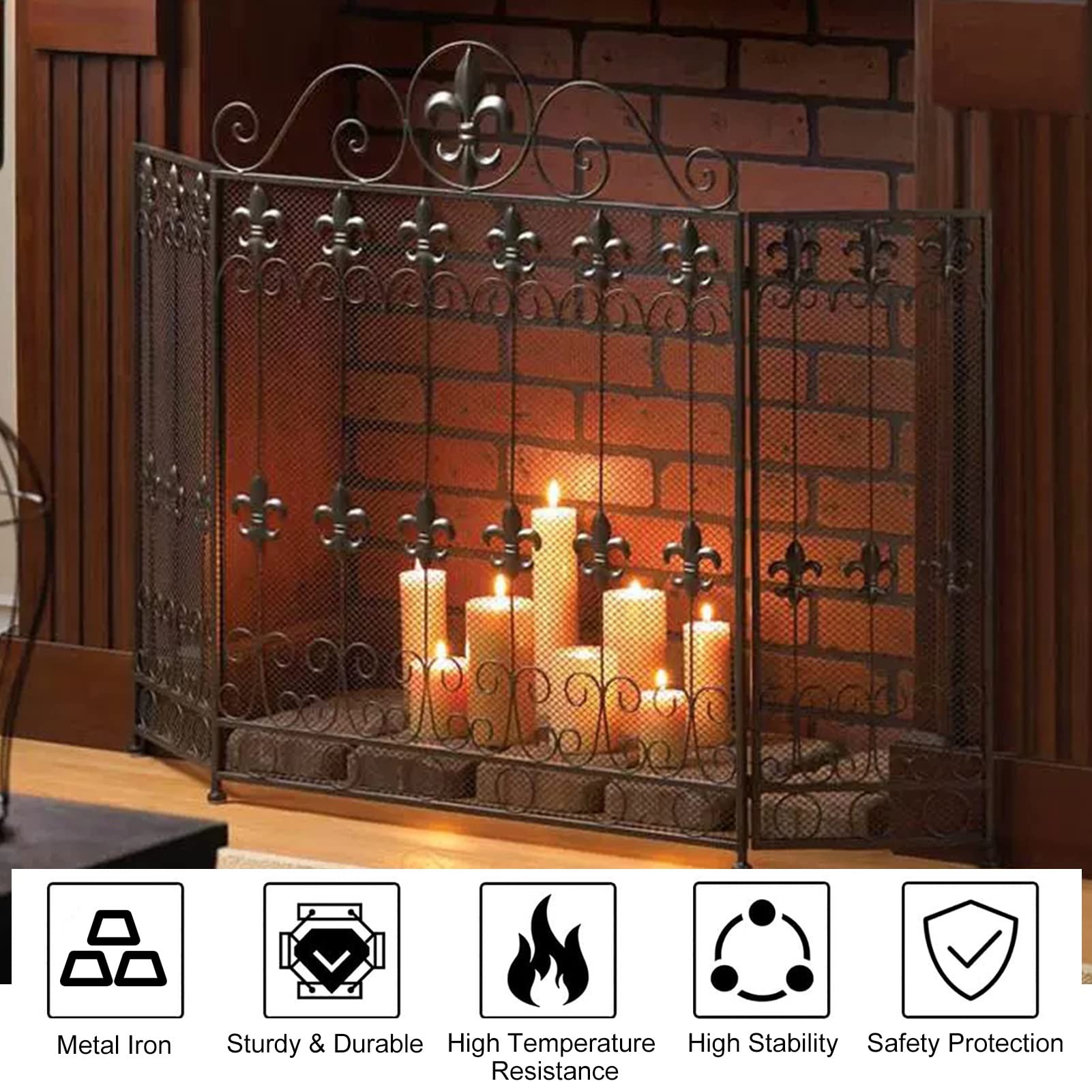 ZIMGOD Salvachispas Chimenea Pantalla Protectora Plegable para Chimenea, Protector contra Chispas de Estilo Europeo con Malla de Seguridad, Pantallas Protectoras para Chimenea de Tres Pliegues