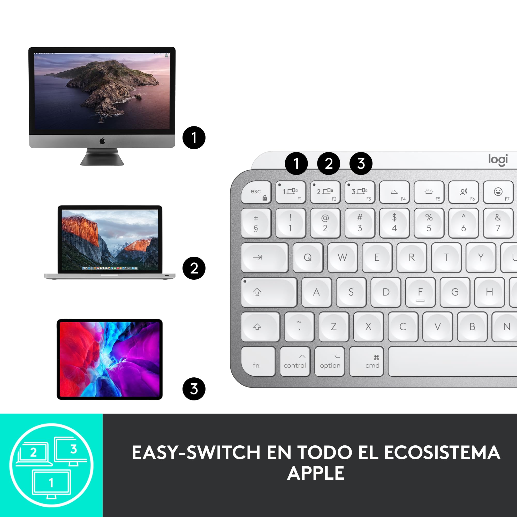 Logitech MX Keys Mini for Mac - Teclado inalámbrico Minimalista | Teclado Bluetooth Compacto, Retroiluminado, USB-C, para Mac, iPad, QWERTY Español - Gris claro
