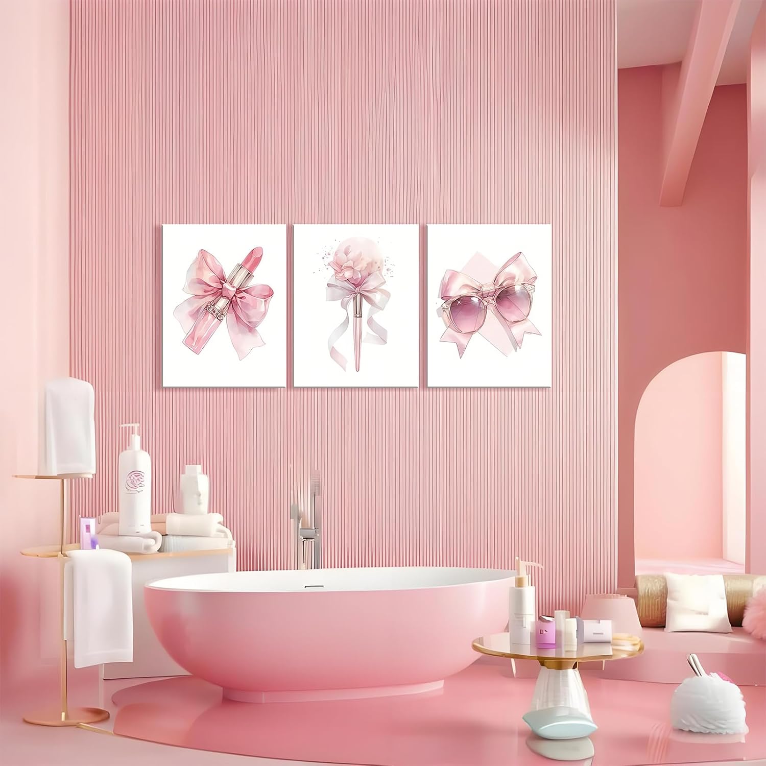 3Pcs Framed Pink Bow Feminine Lipstick Sunglasses Flowers Wall Art Decor Canvas Print Fashion Artwork Mural Picture Poster Bedroom Dressing Table Salon Decor 12x16 Inch Ready to Hang