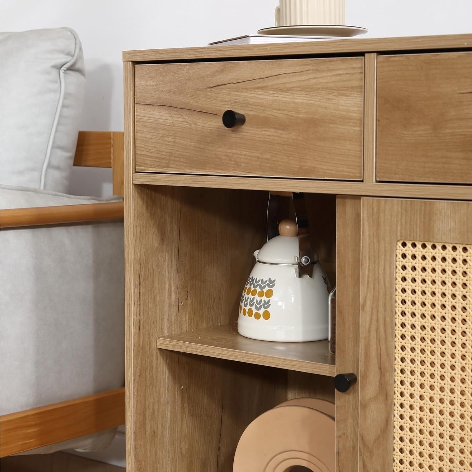 キャビネット サイドボード チェストラタン調 引き出し付き