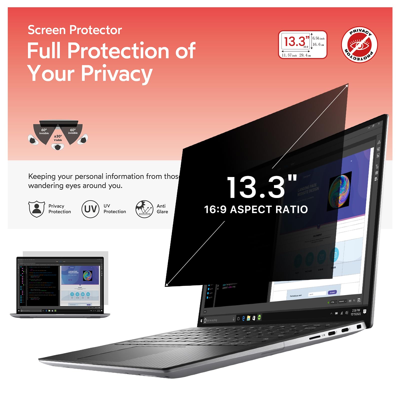 BERSEM 13.3 Inch Laptop Privacy Screen for 16:9 Ratio Computer Monitor Removable Anti Glare Blue Light Filter for laptop privacy screen 13.3 inch Anti-Spy, Anti-Scratch, UV blocking