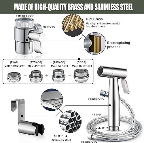 Miniatura 3 de Grifo de fregadero cepillado de alta calidad, rociador de bidé de mano para inodoro, juego de accesorios para agua caliente y fría con doble