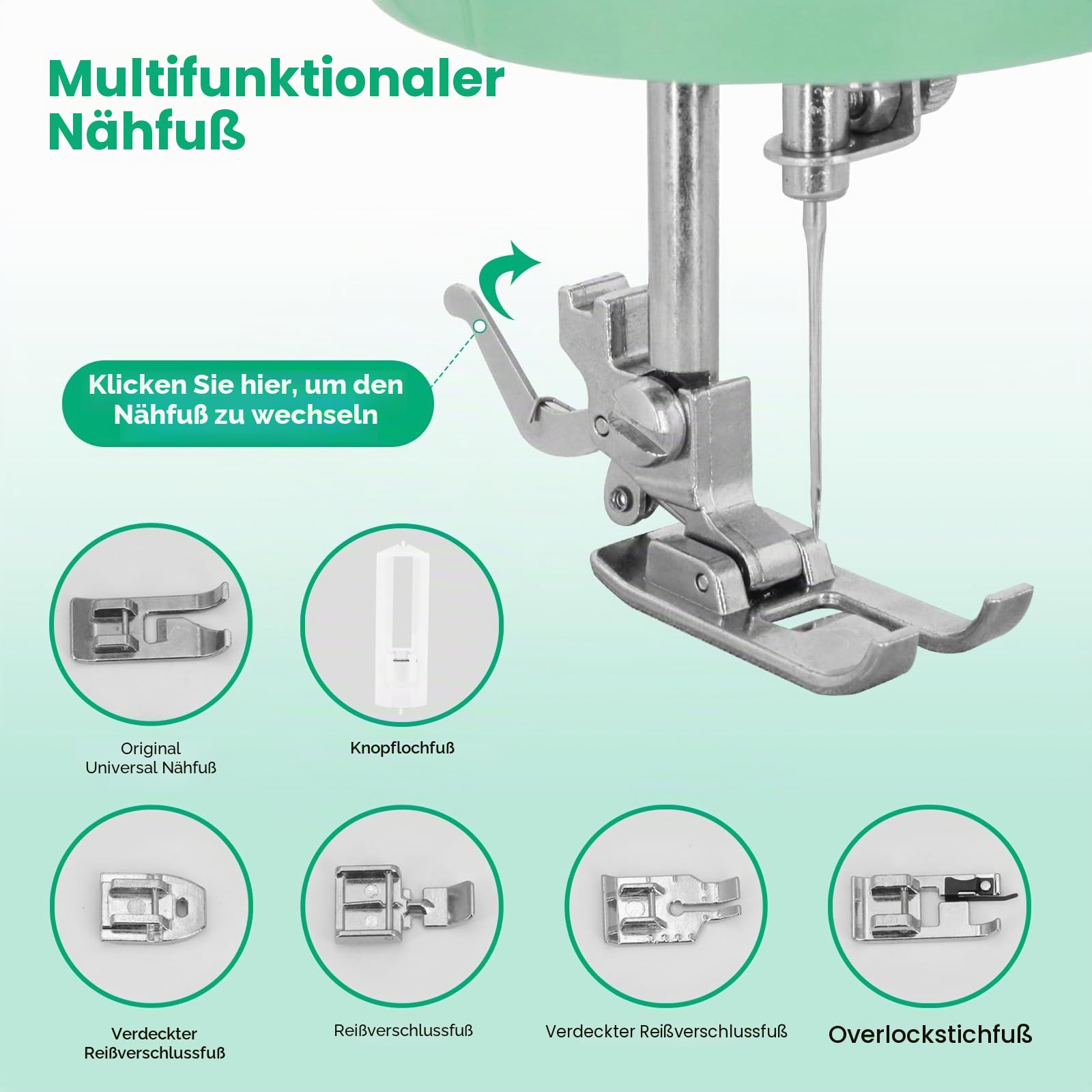 Nähmaschine für Anfänger, 12 Stichmuster & 2 Geschwindigkeiten | 12 Stichmuster, 2 Stufen & Doppelstich. Fußpedal/Knopf. LED-Licht, 9 Spannungen. Komplettset mit Zubehör.