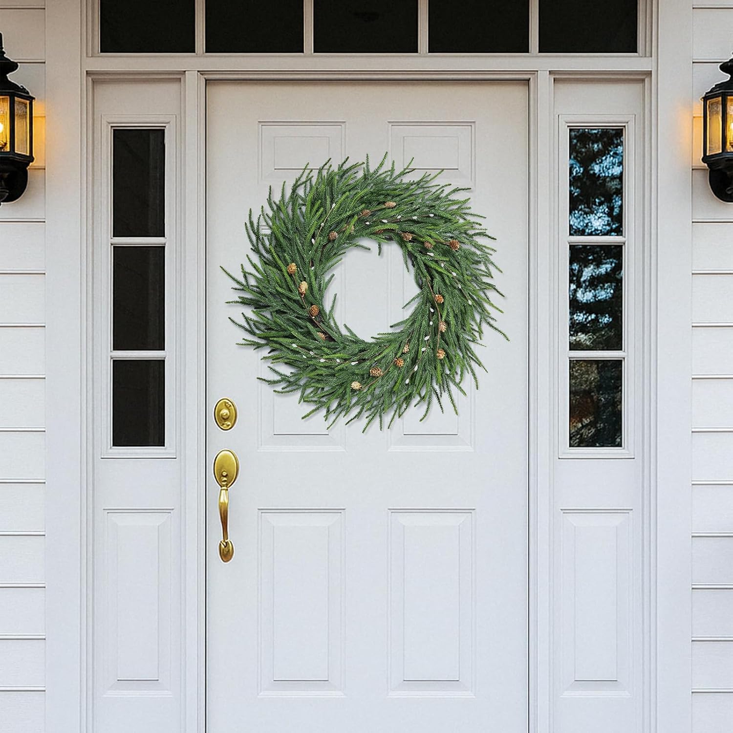 26 Inch Christmas Wreaths for Front Door Christmas Cypress Wreath,Real Touch Pine Wreath with White Berries Artificial Green with Pine Cones for Wall Window Porch - Image 8