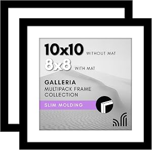 Americanflat 10x10 Picture Frame with Polished Plexiglass - Set of 2 - Use as 8x8 Frame with Mat or 10x10 Frame Without Mat - Galleria Collection - Gallery Frames for Tabletop and Wall Display - Black