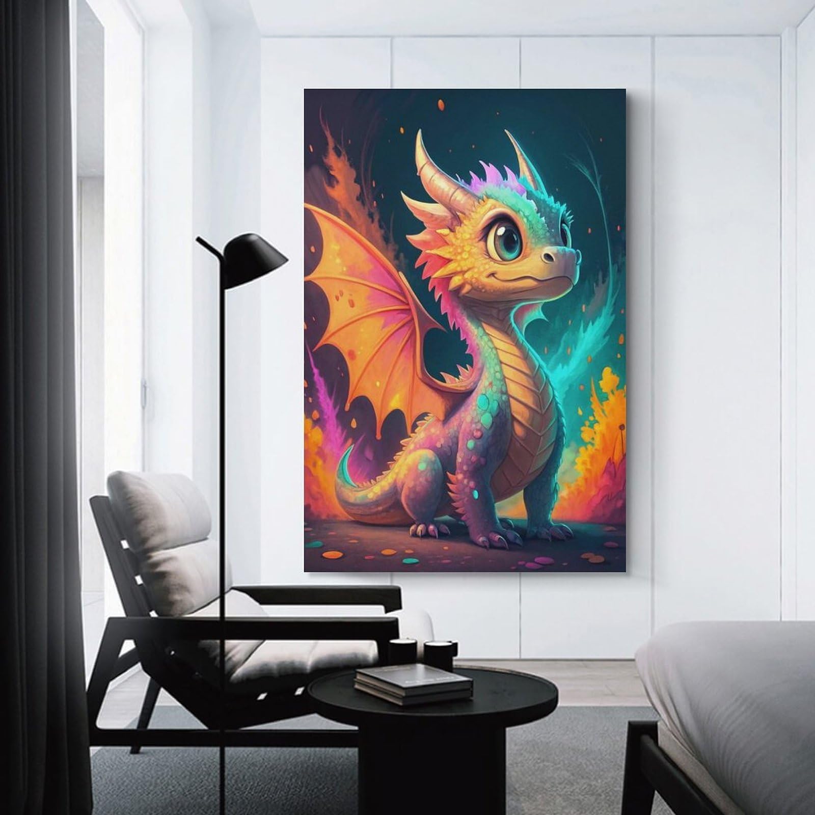 Junmoney Cute Baby Dragon with Colorful Wings Canvas Wall Decor, 12x18inch(30x45cm), for Gallery Wall Decor And Room Displays, Wall Decor Suited to Curated Displays