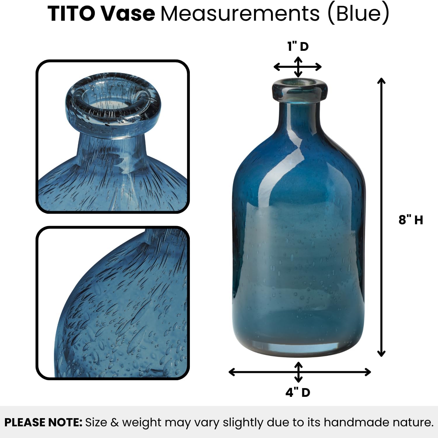 Torre & Tagus 8" Solid Blue Glass Vase for Flowers & Reed Diffuser Bottle - Mouth Blown & Watertight Clear Blue Vases for Modern Home Decor, Tall Bud Vases for Shelf, Bookcase, or Wedding Gift (Tito)
