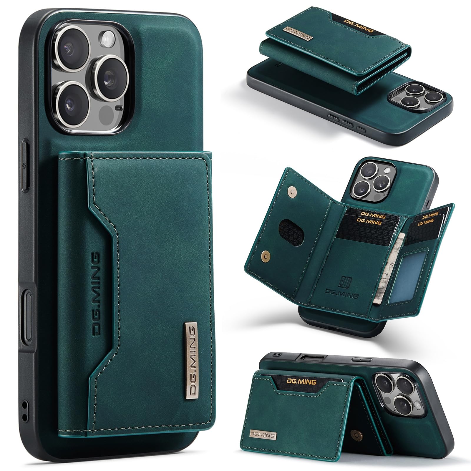 DG.MING M2 Series Leather 3-Fold Multi Card Bag + Leather Magnetic Phone Case for iPhone 16 Pro Max (Green) iPhone 16 Pro Max Green