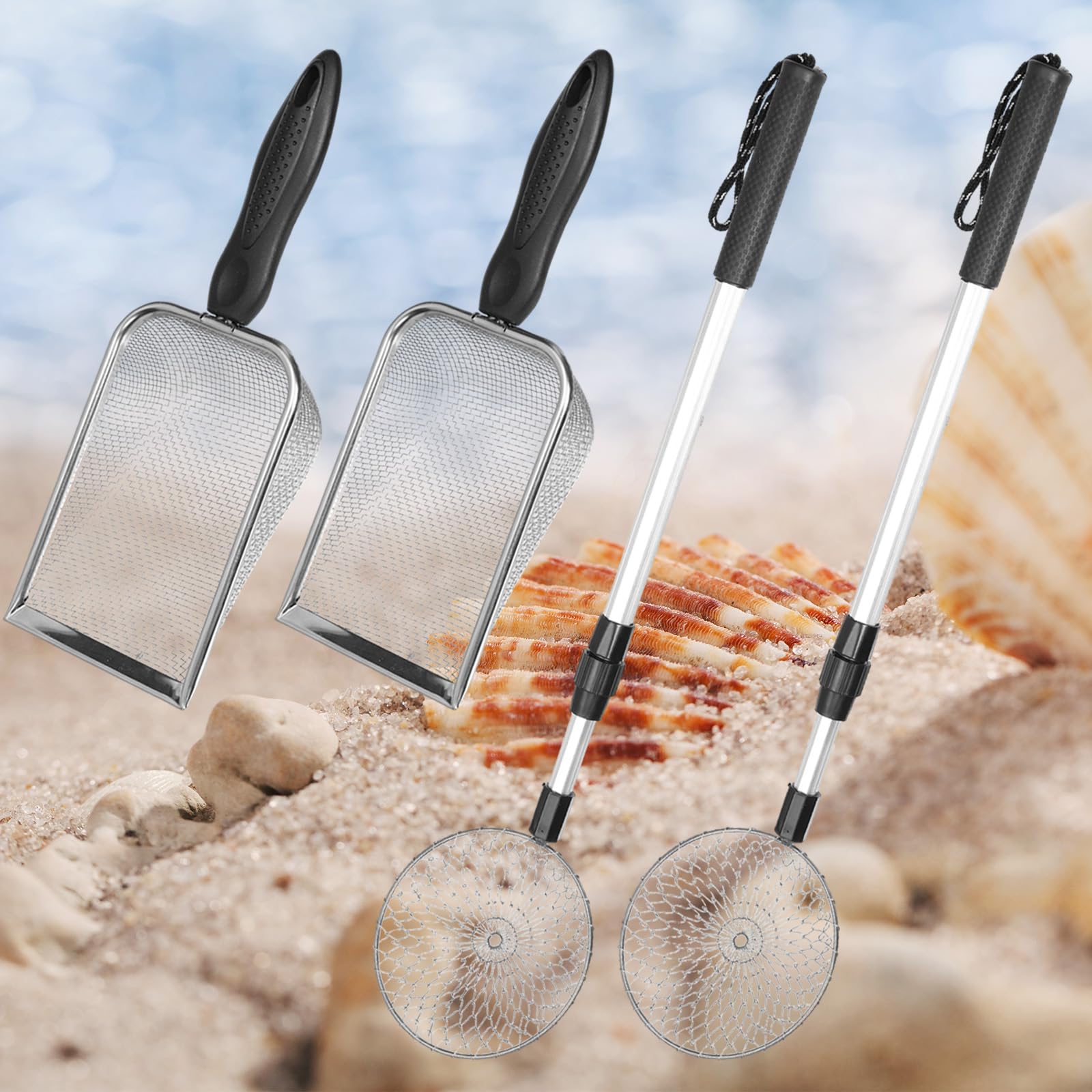 4pcs Shelling Tools for Beach, Shark Tooth Sifter, Sand Sifter with Long Adjustable Handle, Beach Mesh Shovel, Sand Scoop for Picking Up Shells, for Girls Boys Collecting Shells Beach Toys