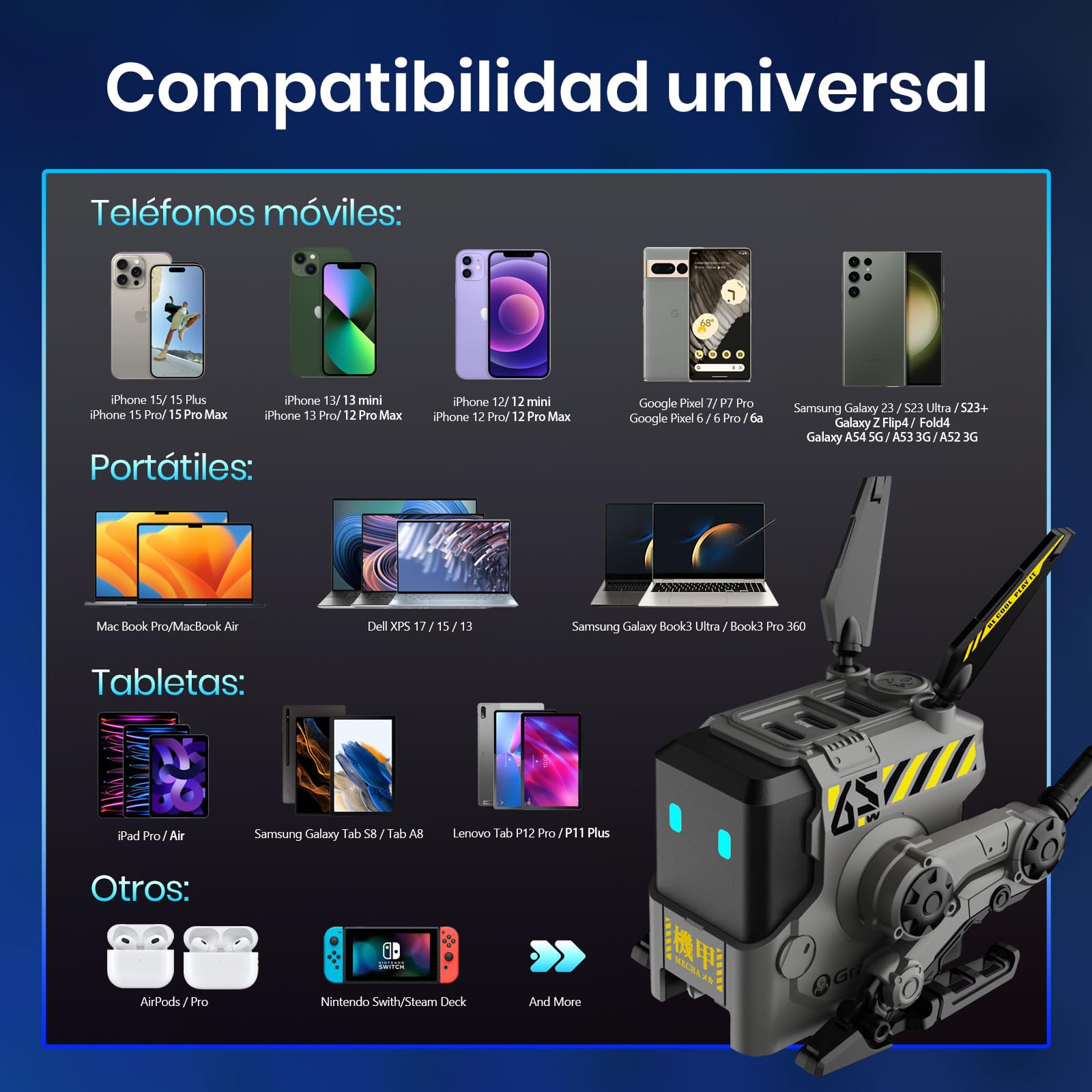 GRAVASTAR Cargador USB-C GAN 65W Robot con 3 Puertos | Adaptador USB-C con exclusivo diseño de robot, 2 USB-C y 1 USB-A para carga rápida con un estilo único de escritorio