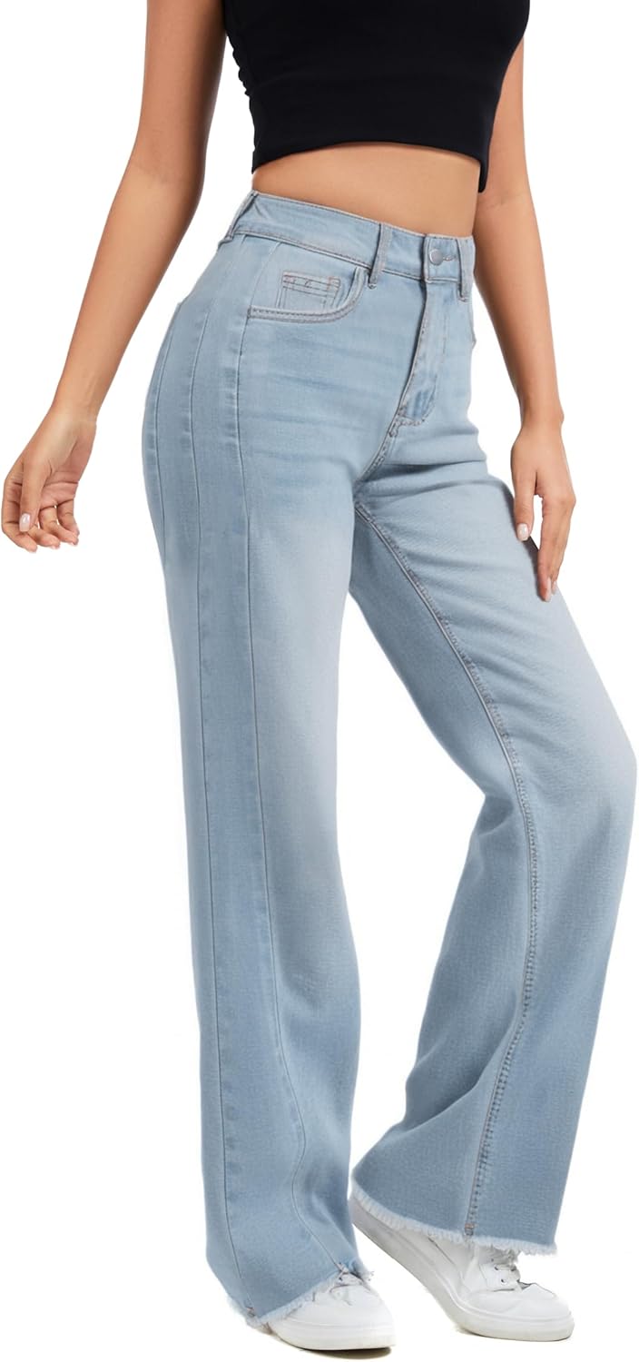 Women's Wide Leg Jeans Baggy High Waist Boyfriends Strechy Raw Hem Denim Pants - Image 5