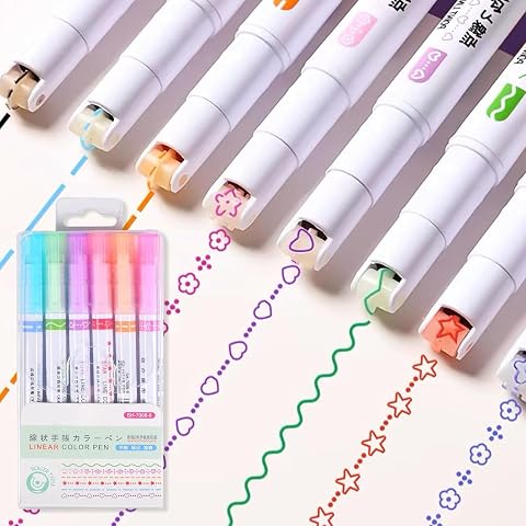 Newtic Curve Highlighter Pen Set 6 Pieces Curve Highlighters, Coloured Pens with Fine Tips with Different Shapes, for Writing, Drawing and Colouring