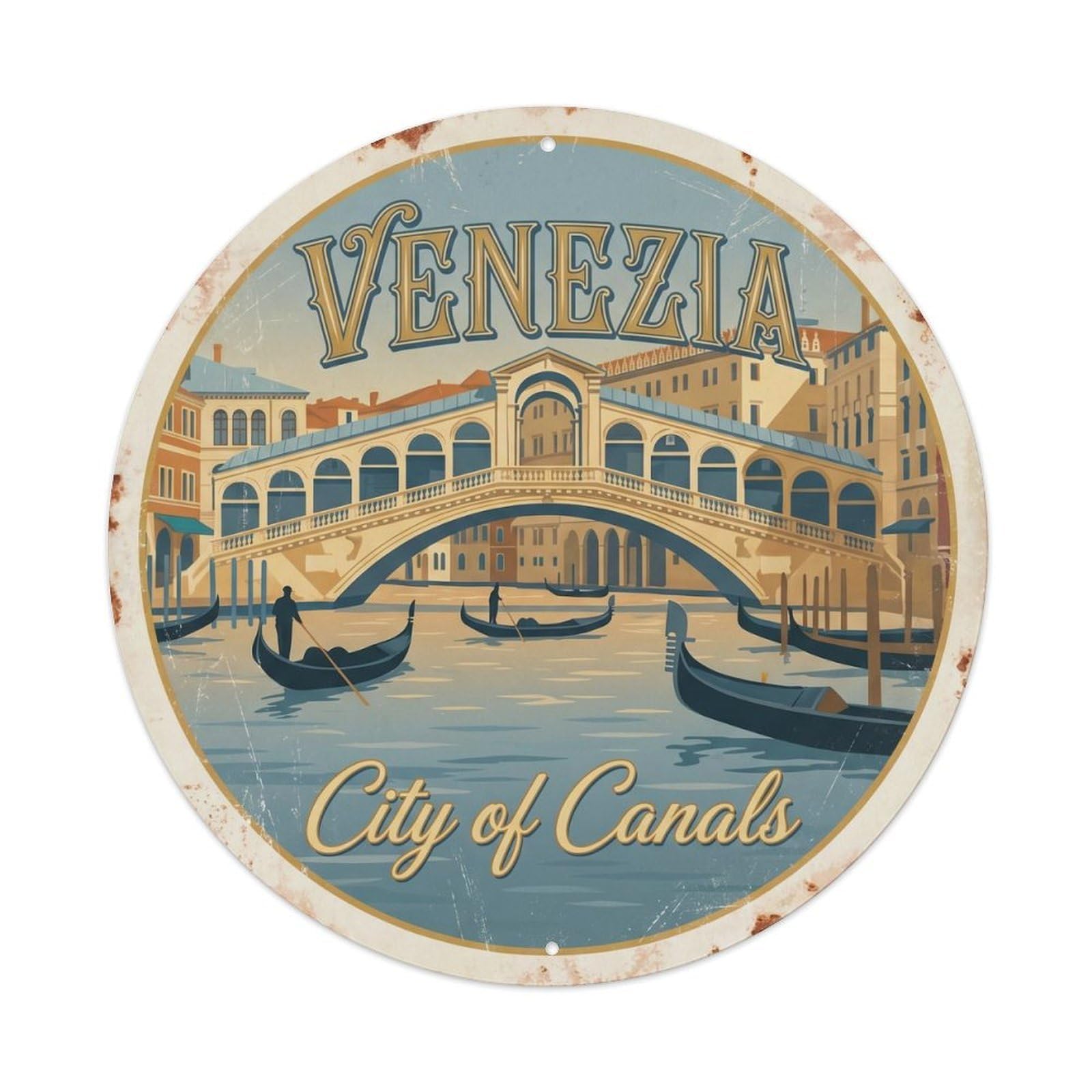 Vintage Travel Venetian Gondola Europe 1 Metal Tin Sign Plaque Wall Decor for Cafe, Club, Garden Round Metal Poster 8x8Inch