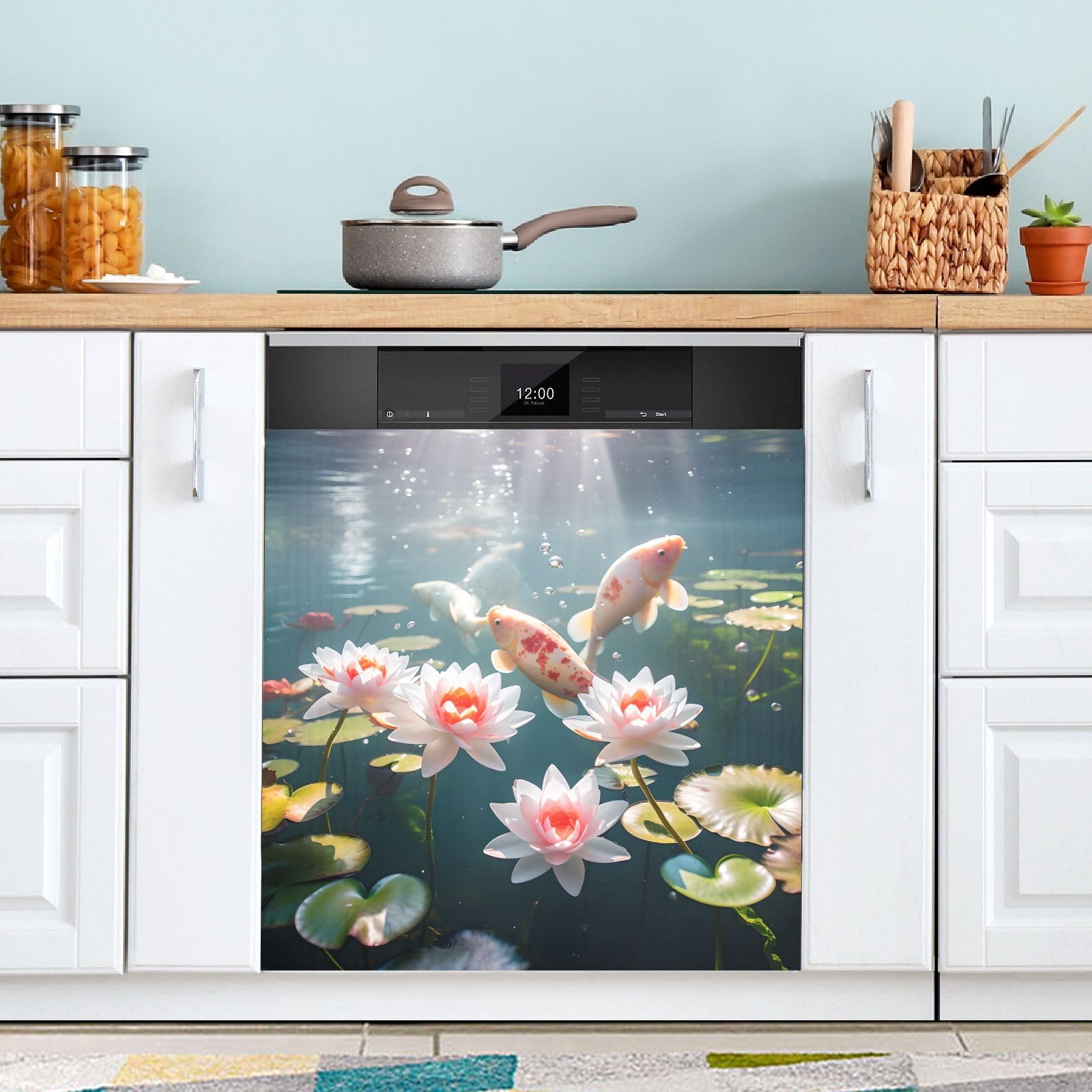 JIPONI Dishwasher Magnetic Cover Lotus Flower Fish Painting Dish Washer Magnet Kitchen Art Decor, Dishwasher Magnetic Sticker 23 W x 26 H