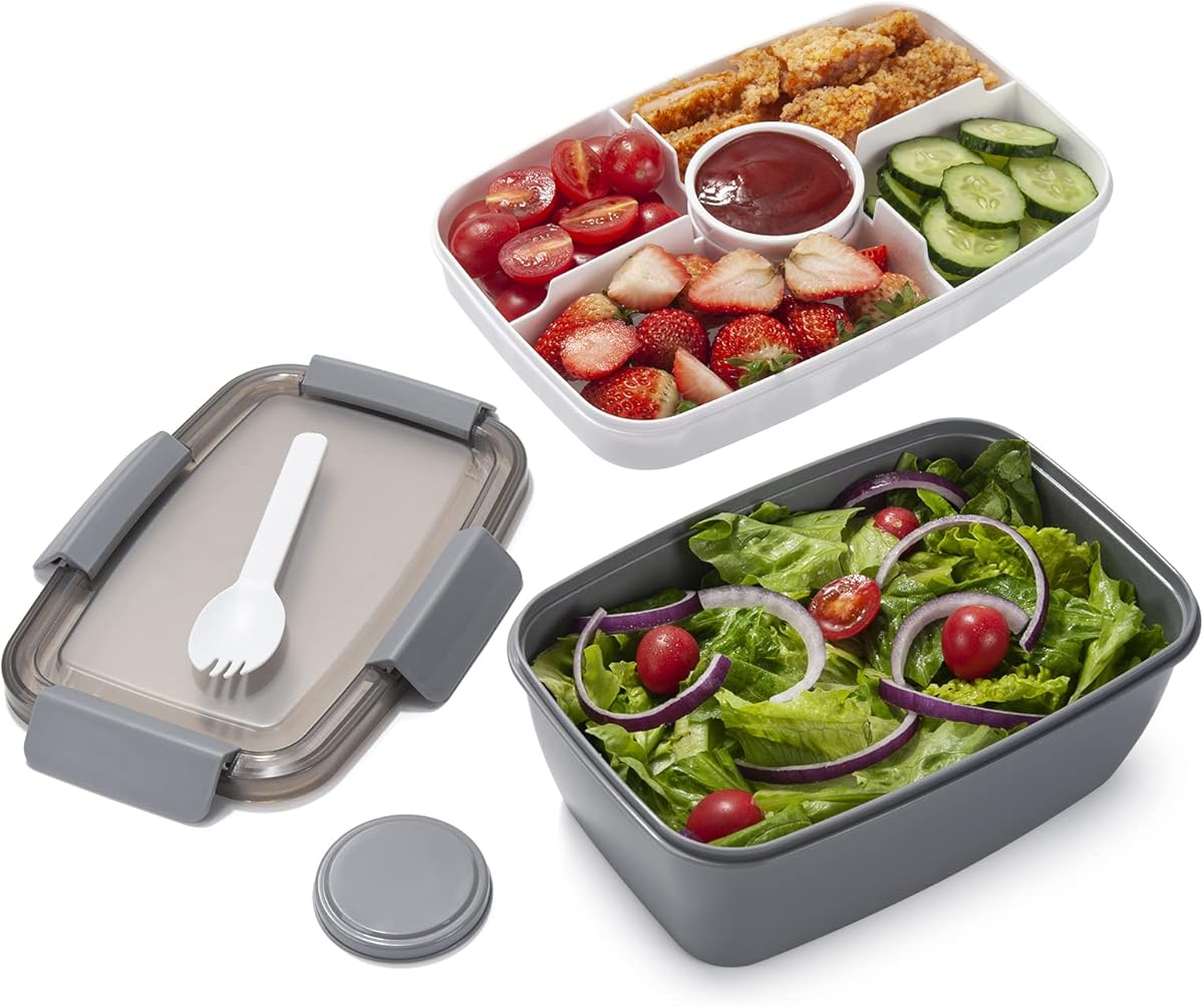 Freshmage Salad Lunch Container To Go, 68-oz Grey-XL, Leak-proof Lid, 4 Compartments, Sauce Container, Safe Material, Easy Carry