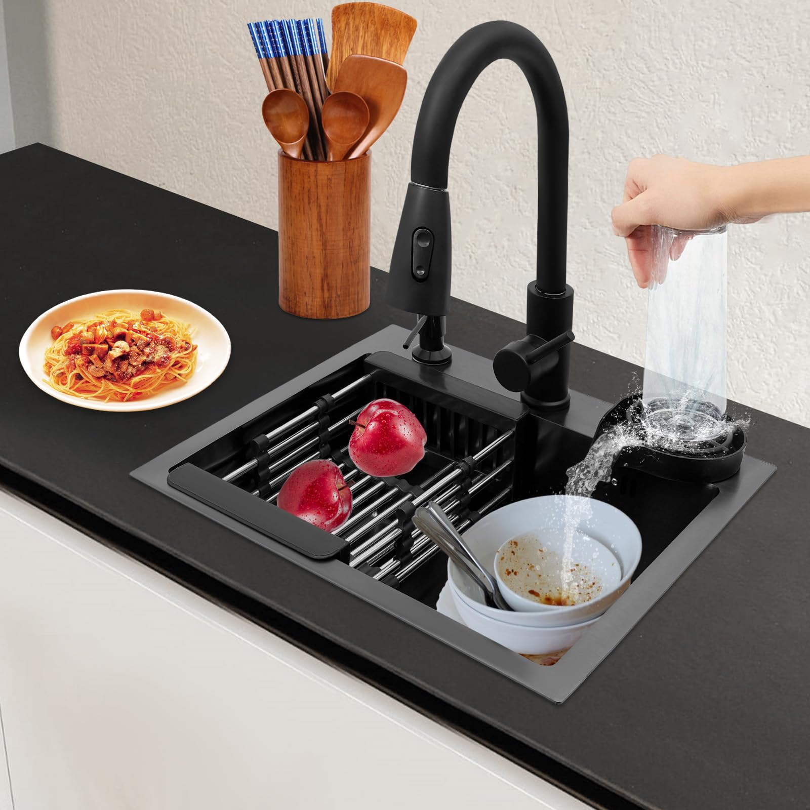 Lavello in acciaio inox nero con rubinetto estraibile e lavastoviglie per tazze, set di lavello multifunzione, 42 x 37 x 20 cm