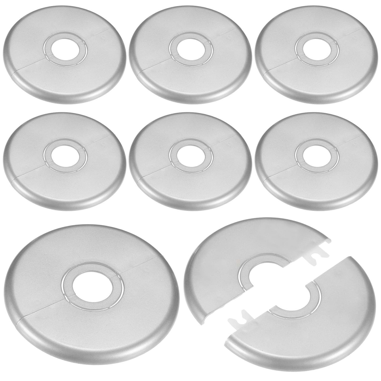 M METERXITY 8-Pack Wall Split Flange, 22mm[0.87"] to 34mm[1.34"] ID ABS Round Self-Adhesive Escutcheon Plate Cover Buckle for Pipe Accessories/Floor/Ceiling [Silver, 97mm 3.82" OD]