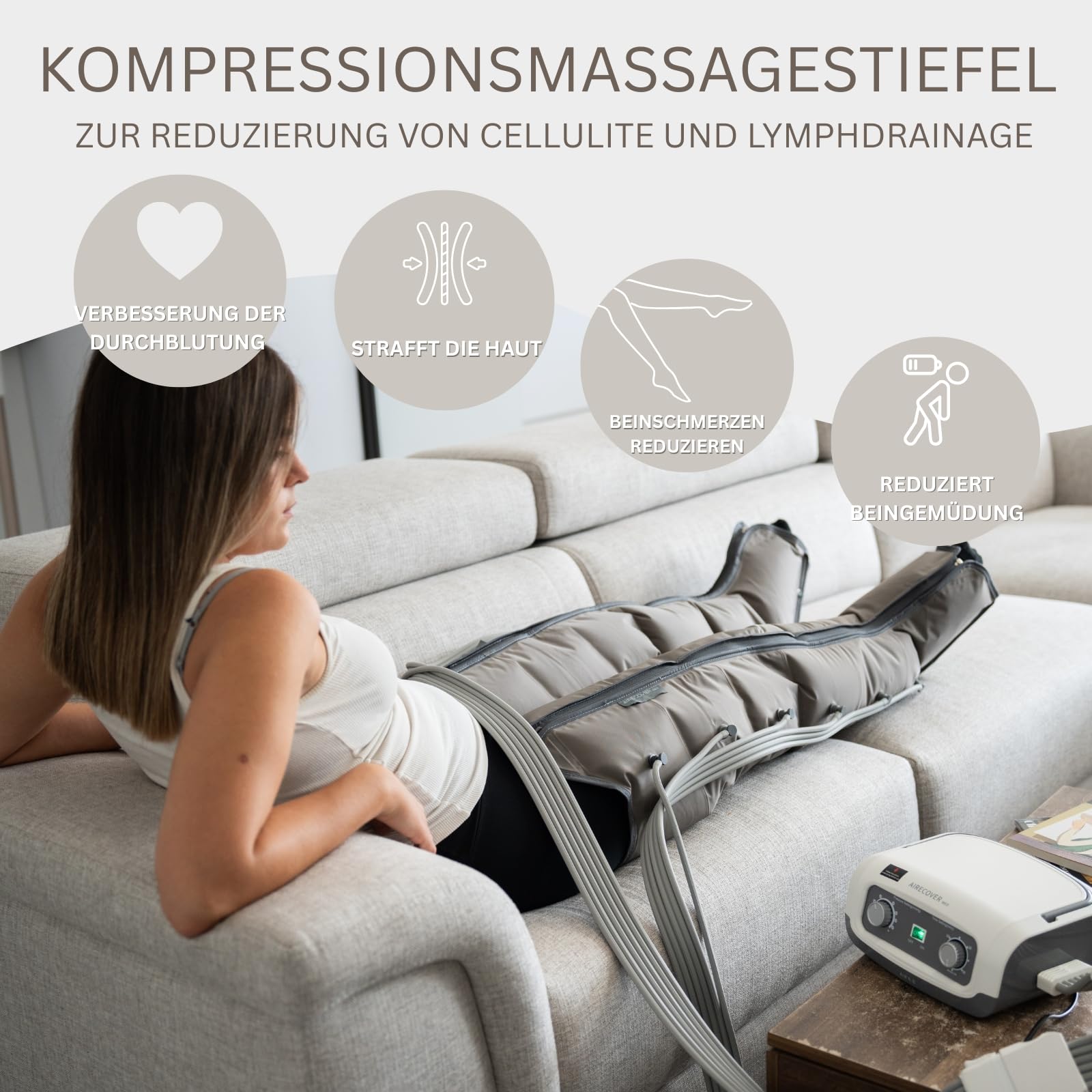 Lymphdrainage Beinmassagegerät mit Luftdruck – Pressotherapie für Zuhause, 30–250 mmHg, 6 überlappende Zonen, Kompressionsmassage für müde Beine (Steuereinheit & Beinmanschetten)