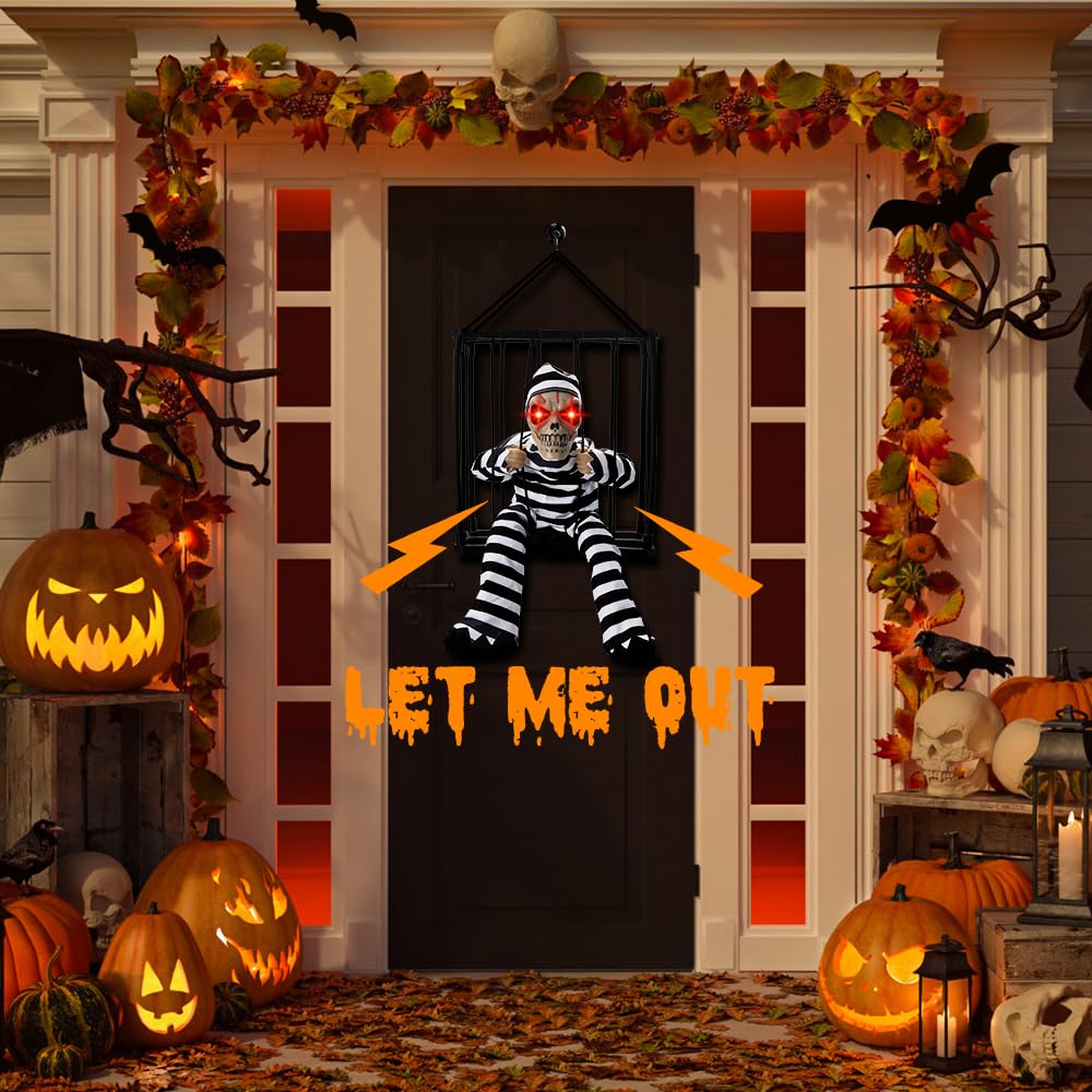Décor Halloween Animée - Cage Avec Squelette Prisonnier, Capteur Mouvement, Voix Et Yeux Lumineux (45,7 Cm)