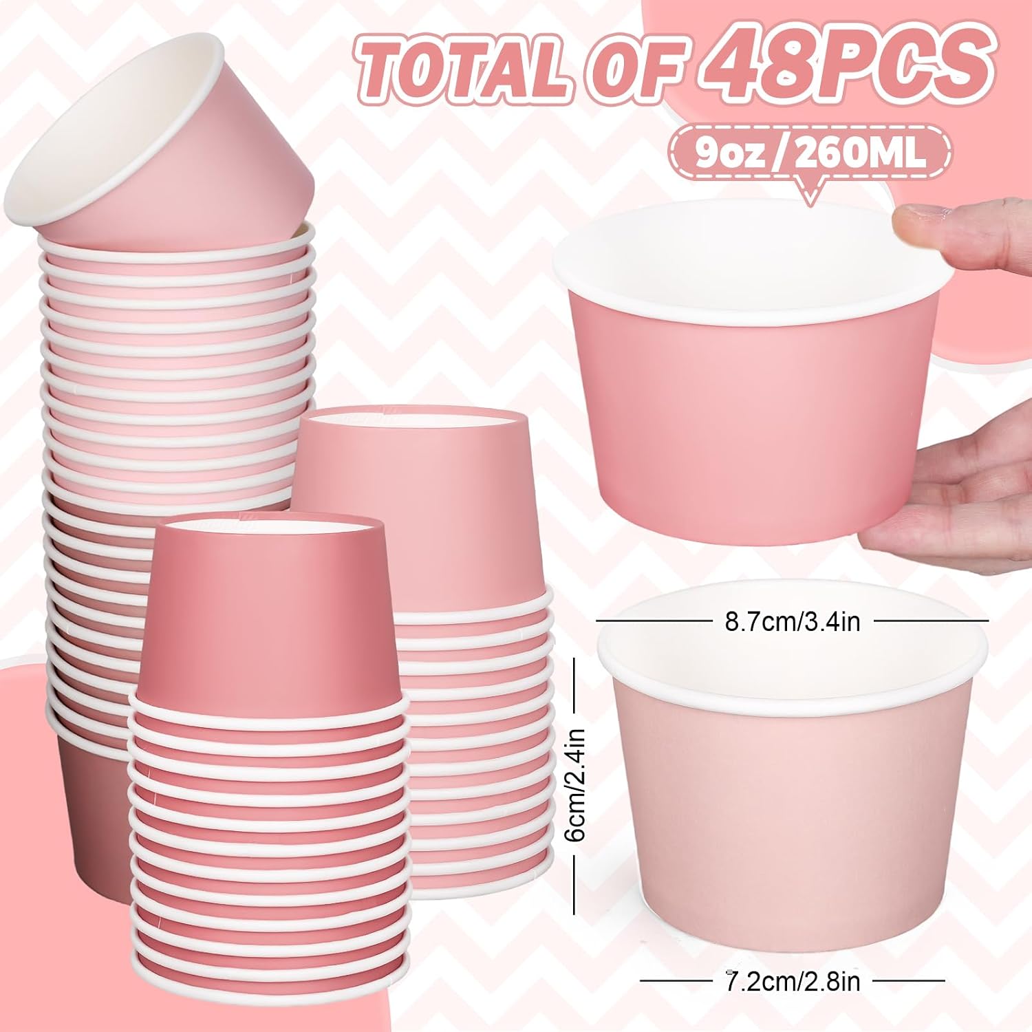 JarThenaAMCS 48 Packs Dusty Rose Pink Snack Cups Gradient Solid Colored Disposable Bowls 9oz Dessert Food Treat Paper Bowls for Wedding Baby Shower Party Supplies, 4 Colors image 2
