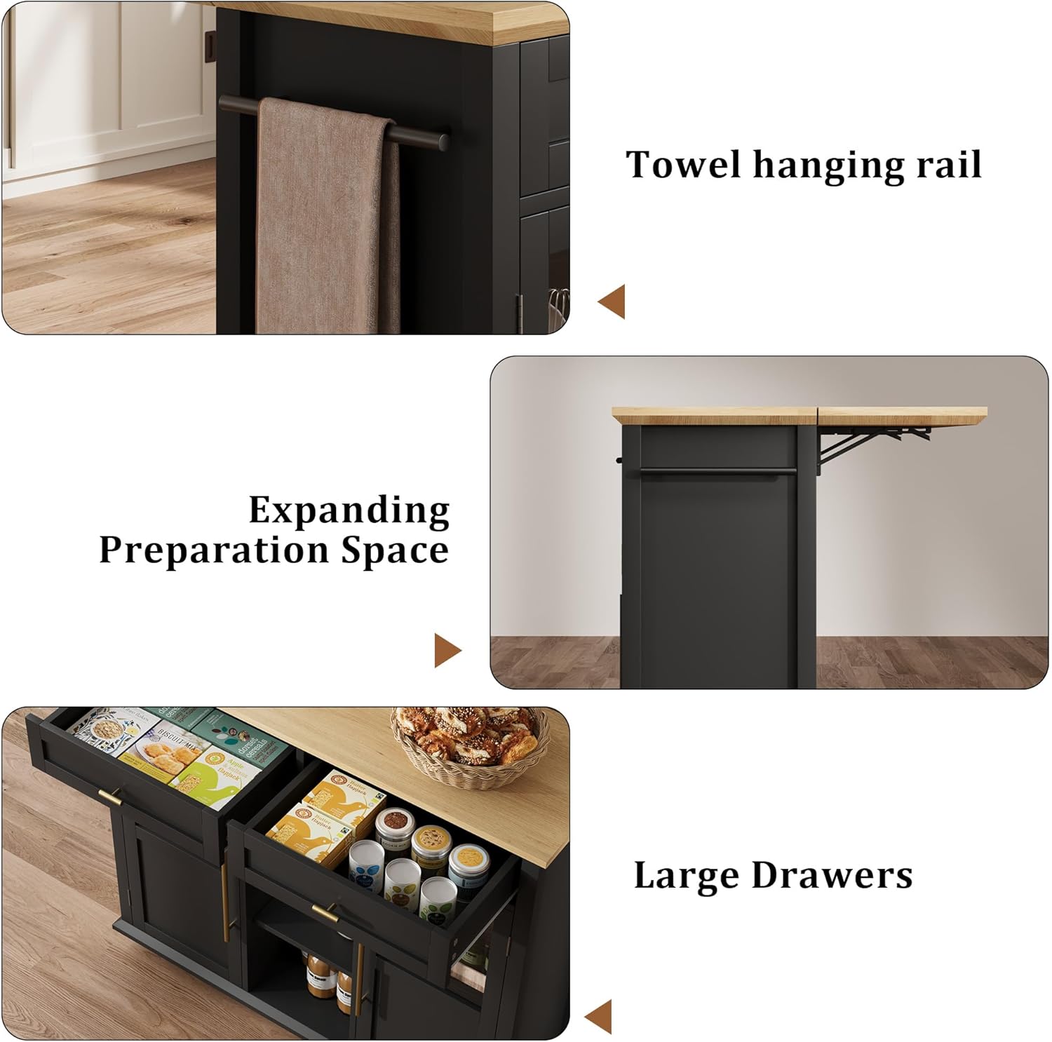 GAOMON 41" Rolling Kitchen Island Cart with Drop Leaf - Mobile Storage Cart 41" W x 16" D, Expandable Kitchen Island for Small Spaces, Farmhouse Style for Dining Room & Kitchen (Black and Natural)