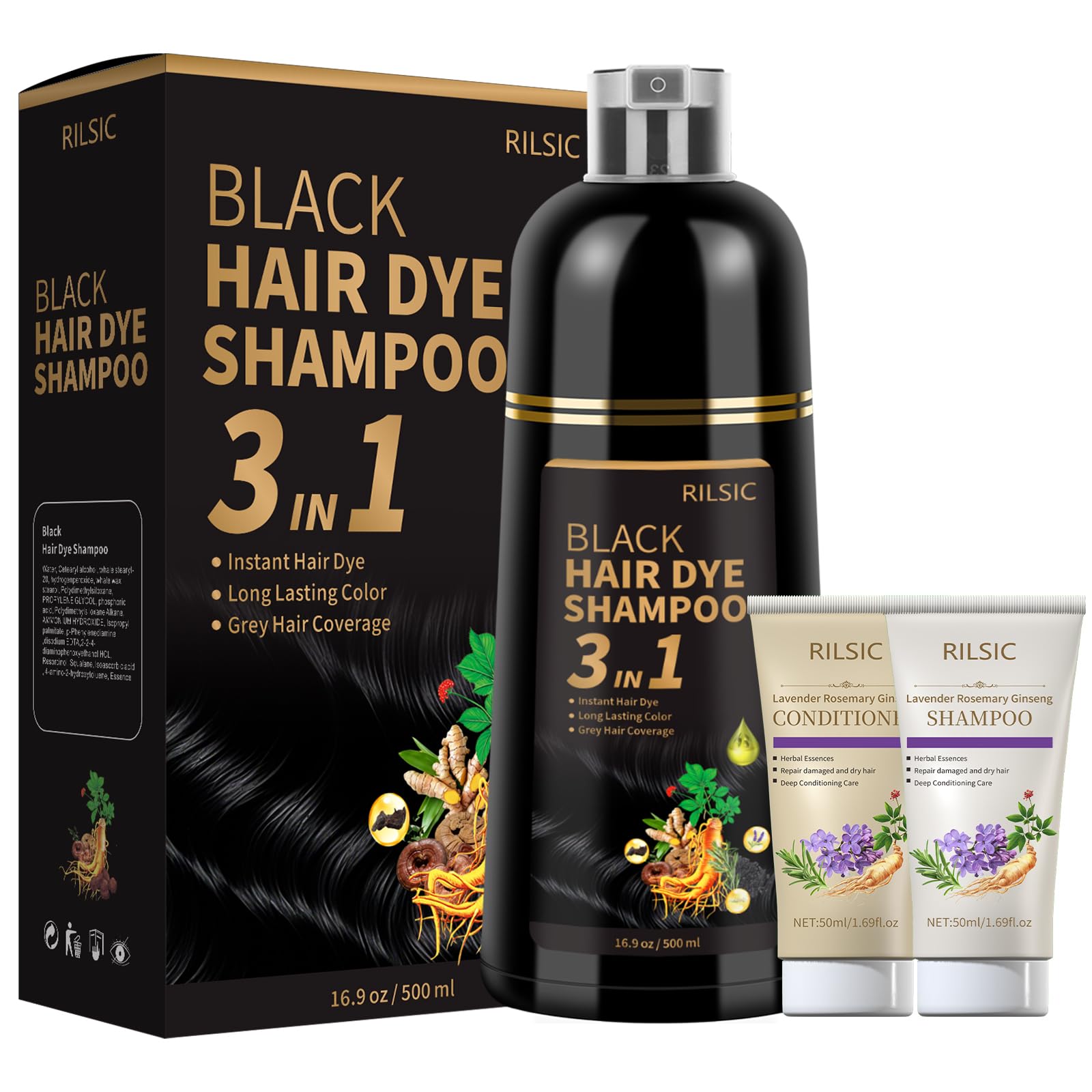 RILSIC Black Hair Dye Shampoo 3 in 1 for Grey Hair Coverage,500ML